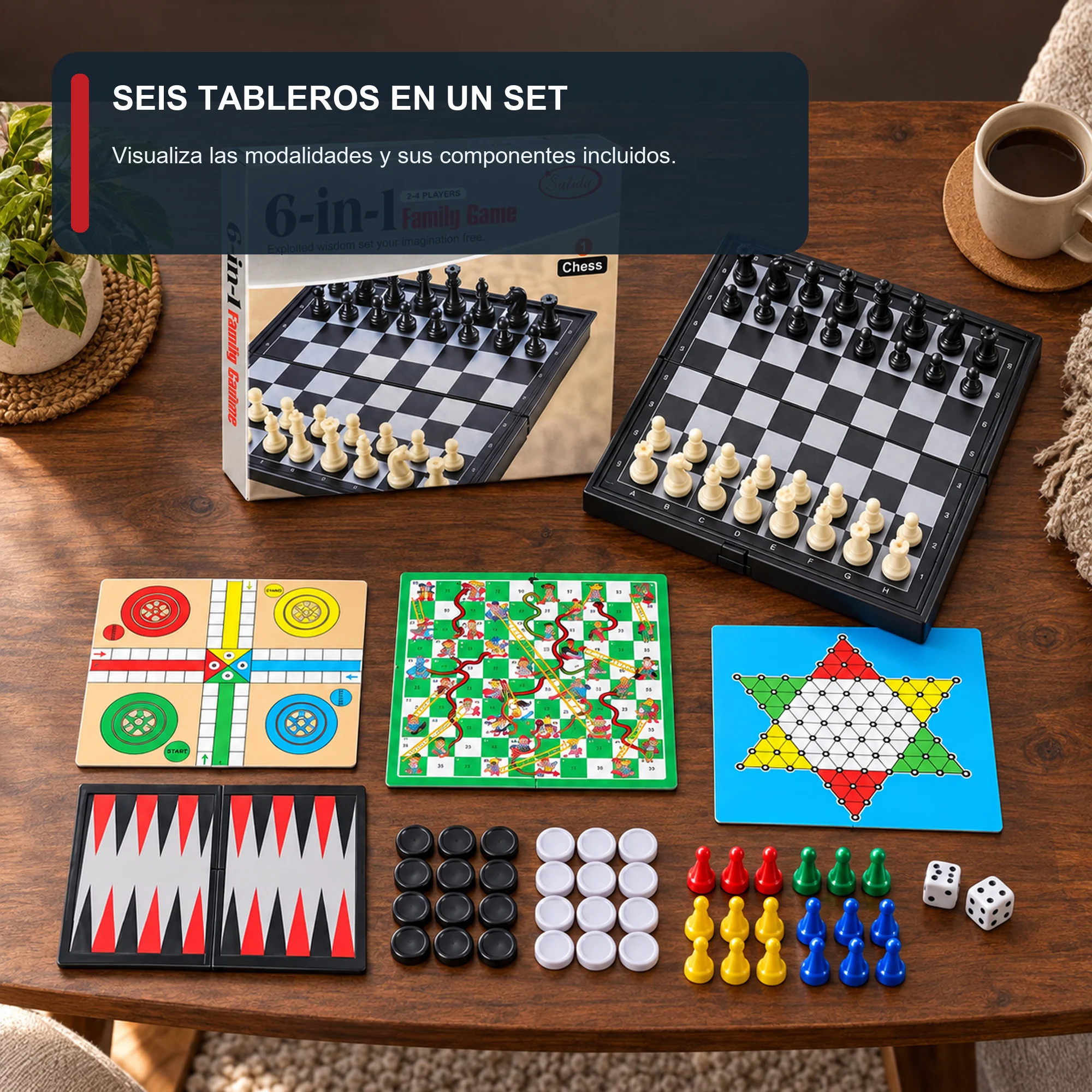 Juego de Mesa Sulida 6 en 1 para 2–4 Jugadores, 24,5 × 24,7 cm