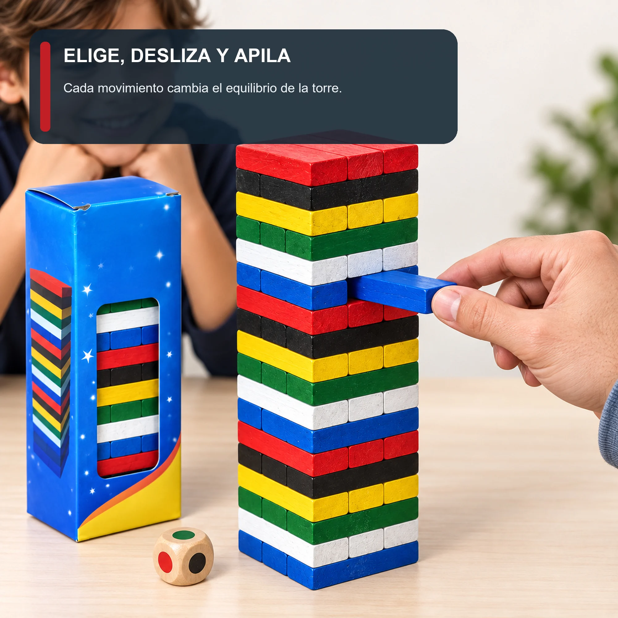 Juego de Torre de Madera de Colores, 54 Bloques, Tamaño Mediano