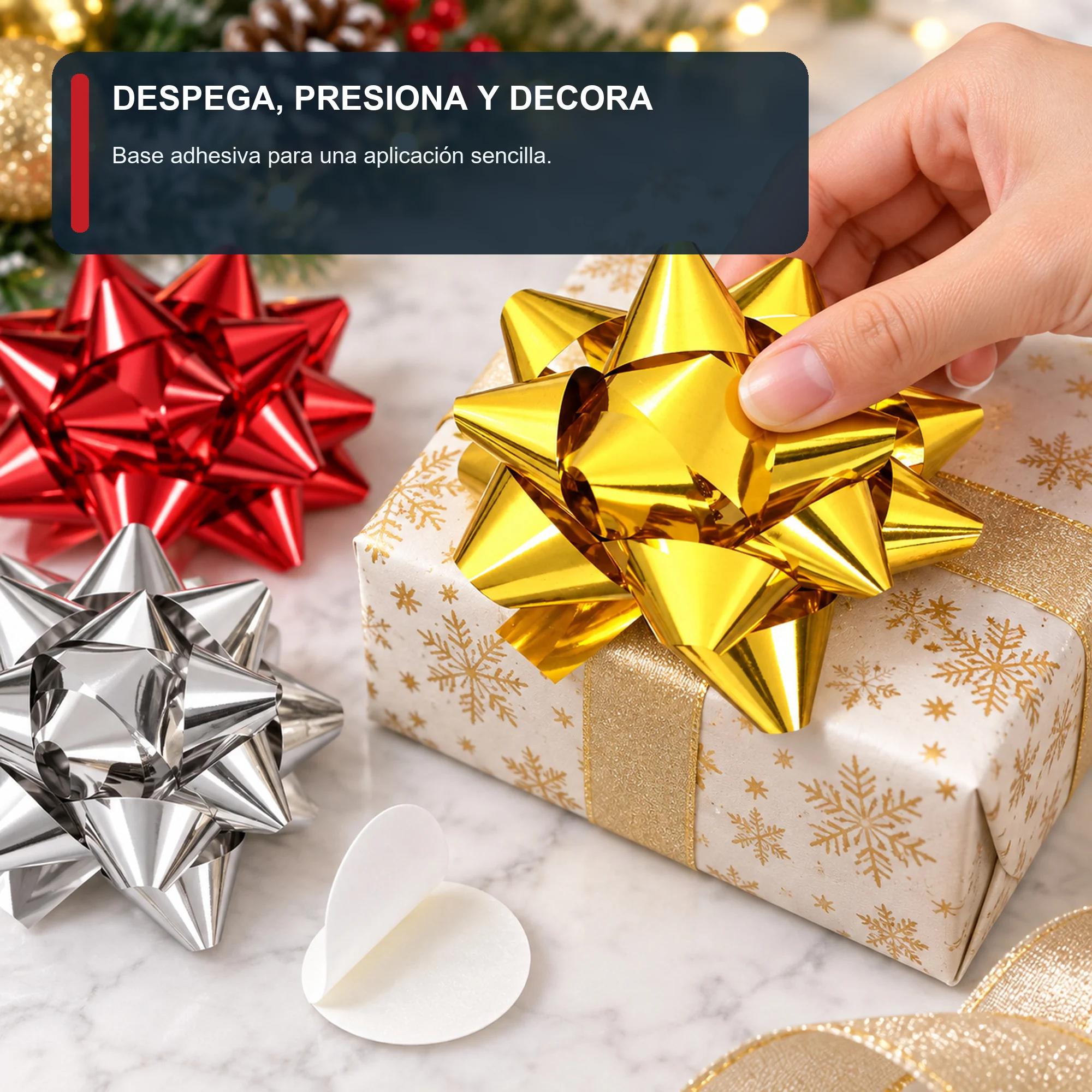 Lazos Estrella Metálicos Adhesivos, 7,5 cm (3,0 in) de diámetro aprox., 4 Unidades, Colores Surtidos
