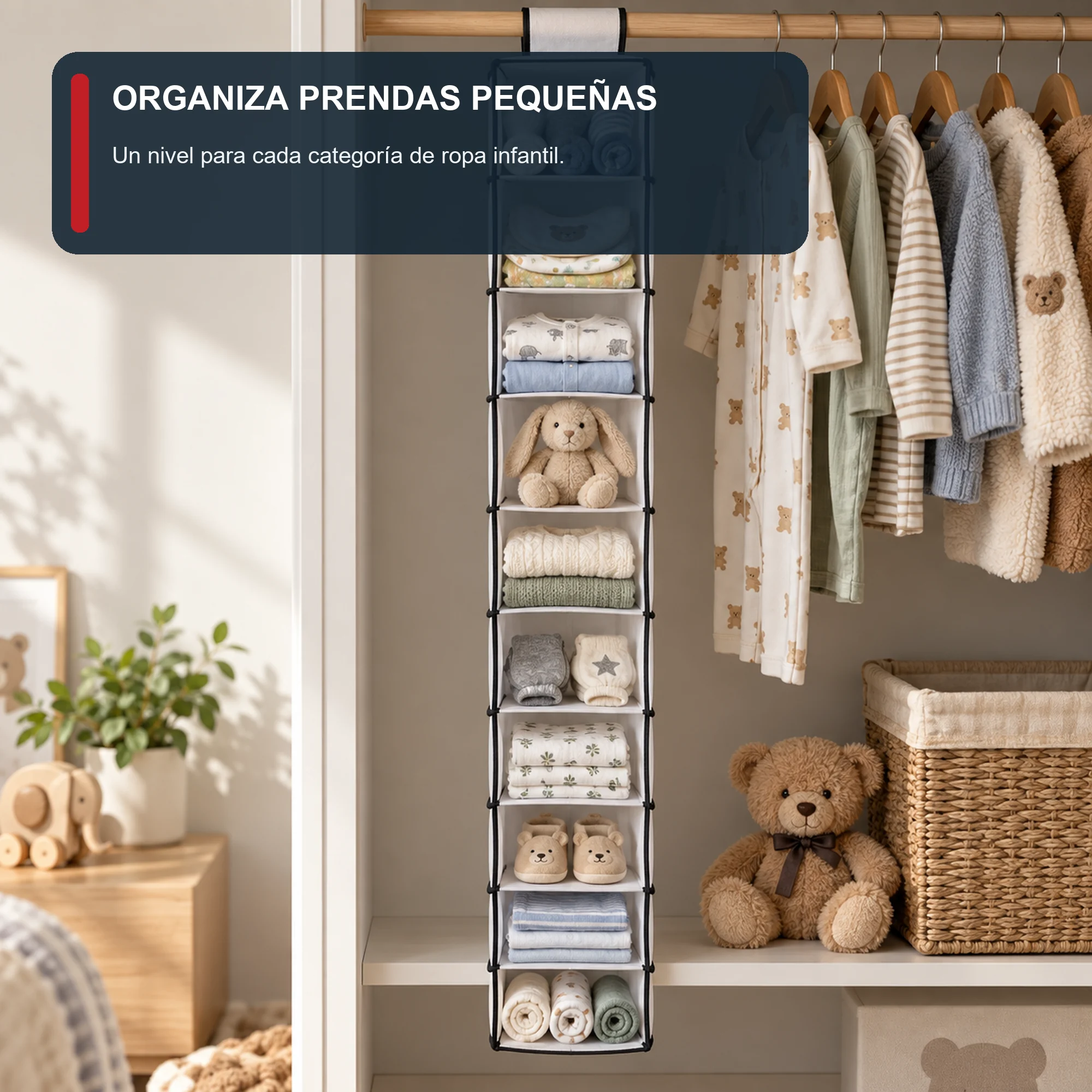 Organizador Colgante Estrecho de Clóset de 10 Niveles de PEVA y PP, 15 × 30 × 120 cm, 1 Unidad