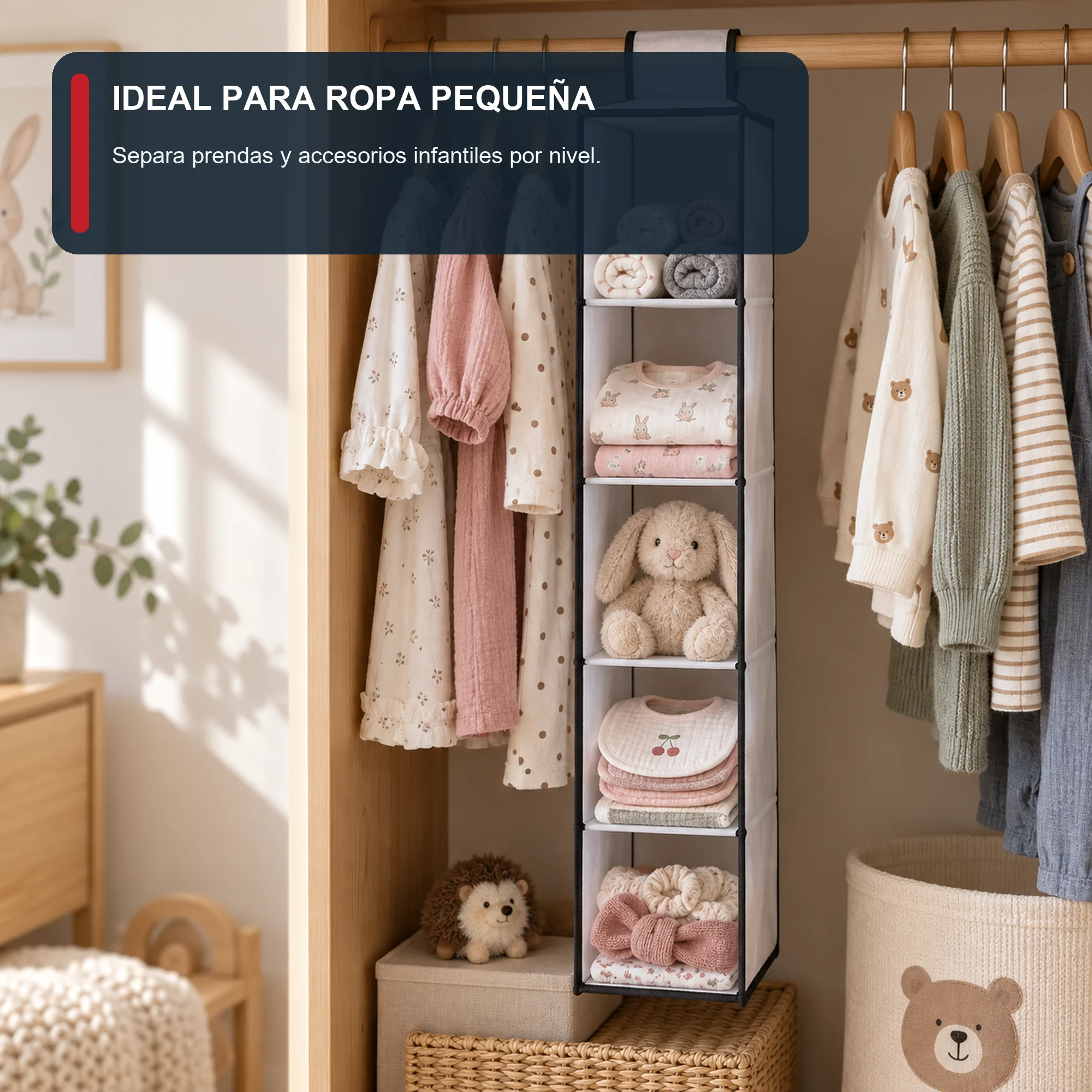 Organizador Colgante Estrecho de Clóset de 5 Niveles de PEVA y PP, 15 × 30 × 70 cm, 1 Unidad