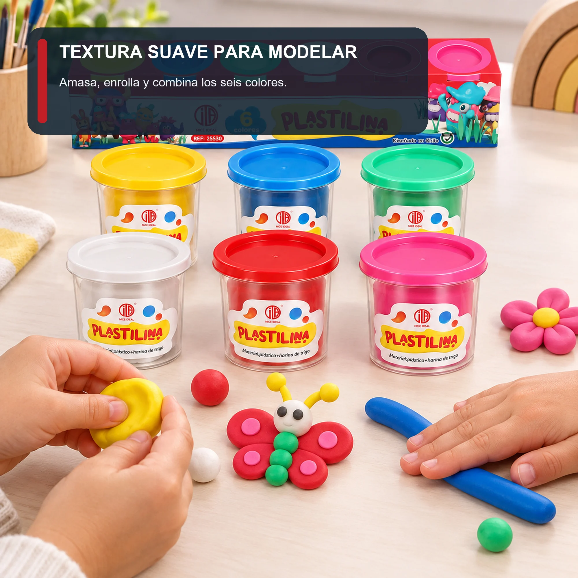 Set de Plasticina en 6 Vasos Grandes, 6 Colores