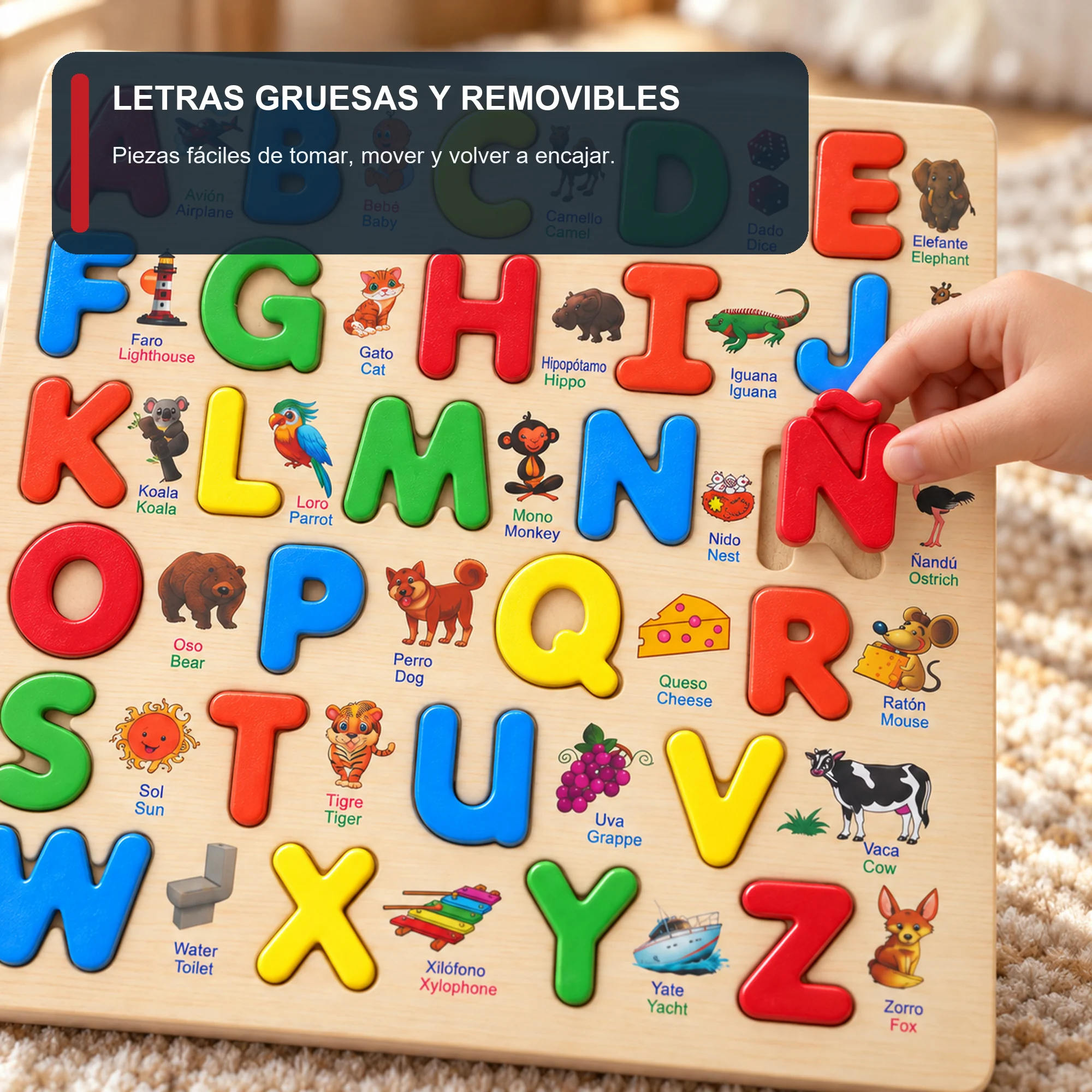 Puzzle de Madera con Alfabeto Bilingüe Español-Inglés, 30 × 30 cm