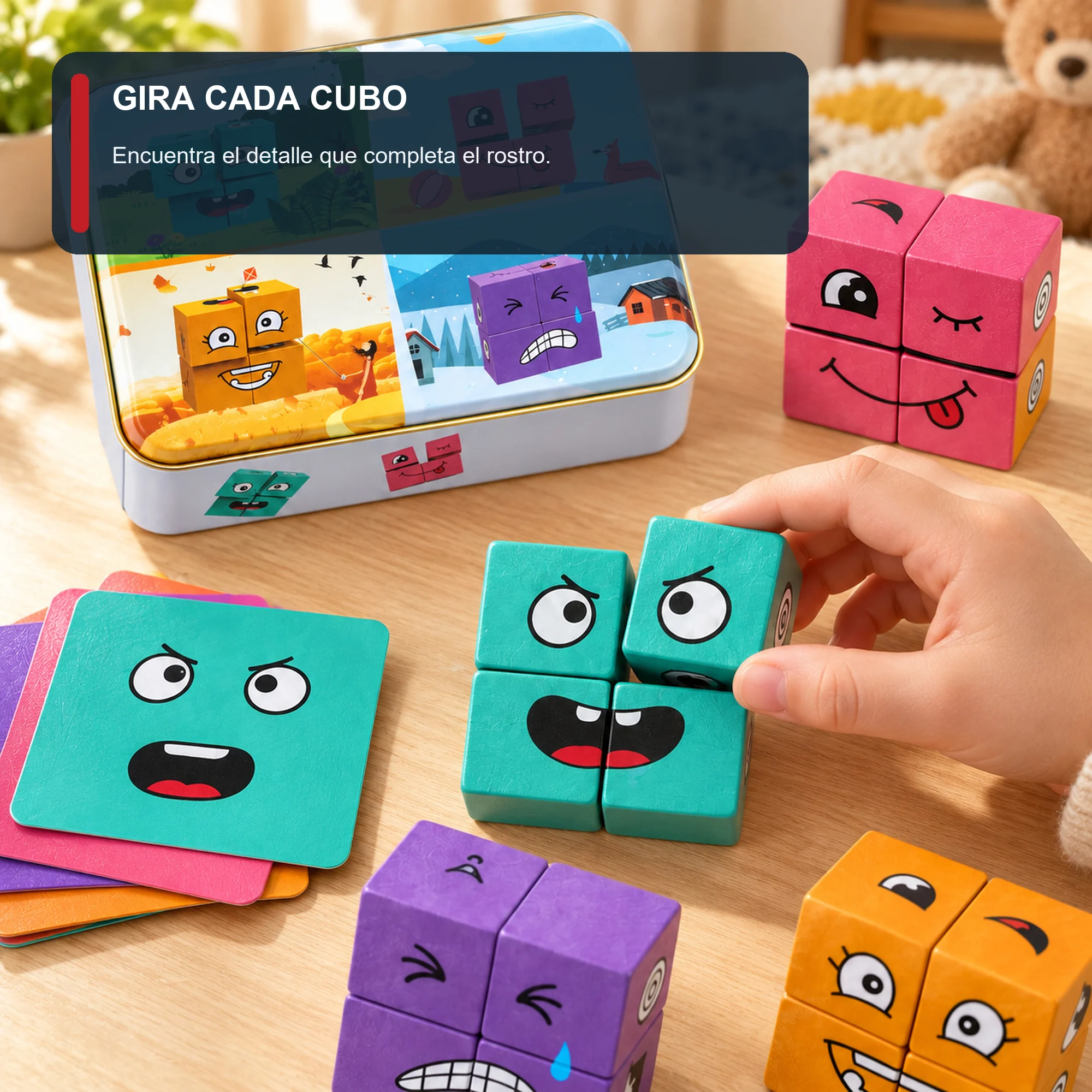 Puzzle de Expresiones con Cubos de Madera y Caja Metálica
