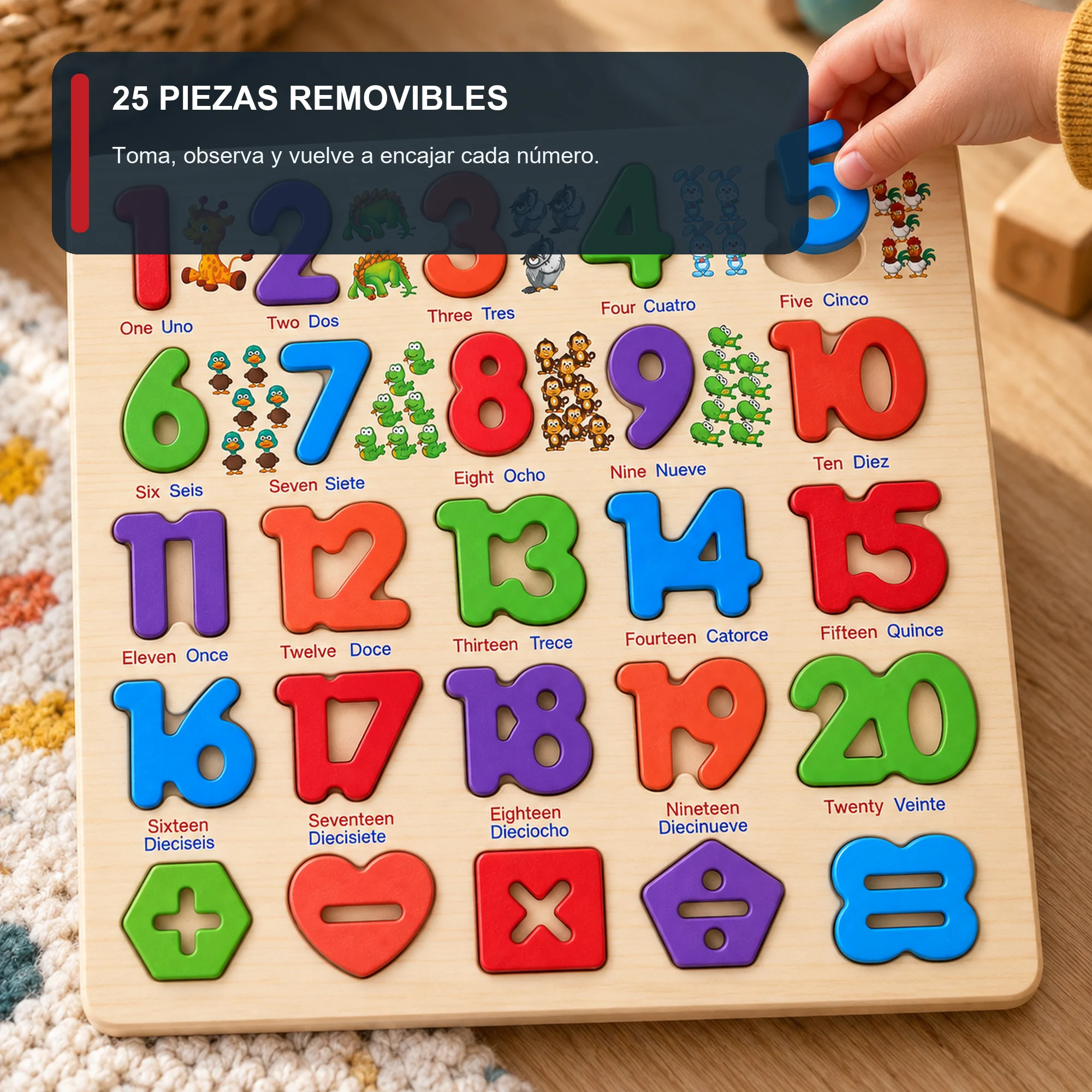 Puzzle de Madera con Números Bilingües del 1 al 20, 30 × 30 cm
