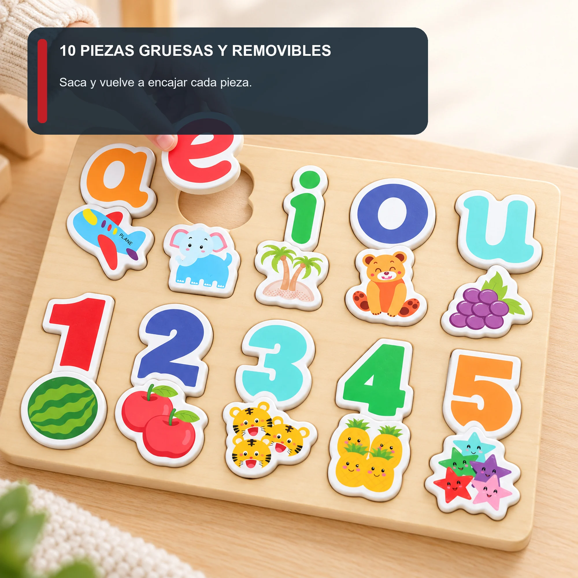 Puzzle de Madera con Vocales y Números, 30 × 22,5 × 2 cm