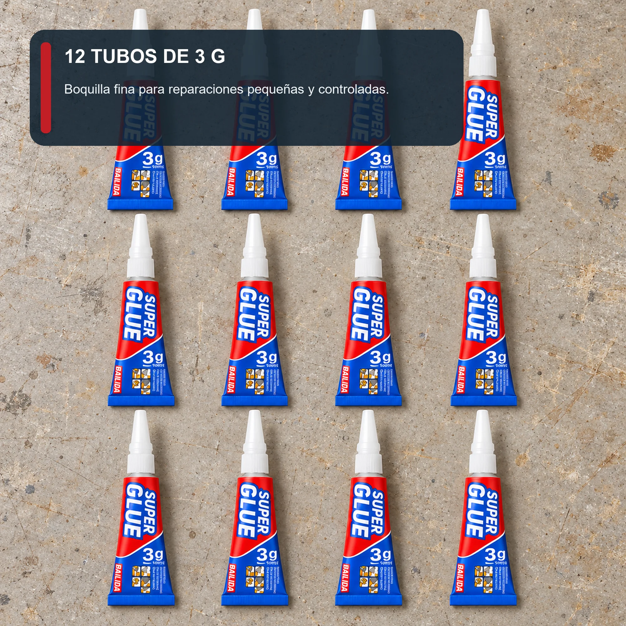 Set de 12 Adhesivos Instantáneos de 3 g con Boquilla de Precisión