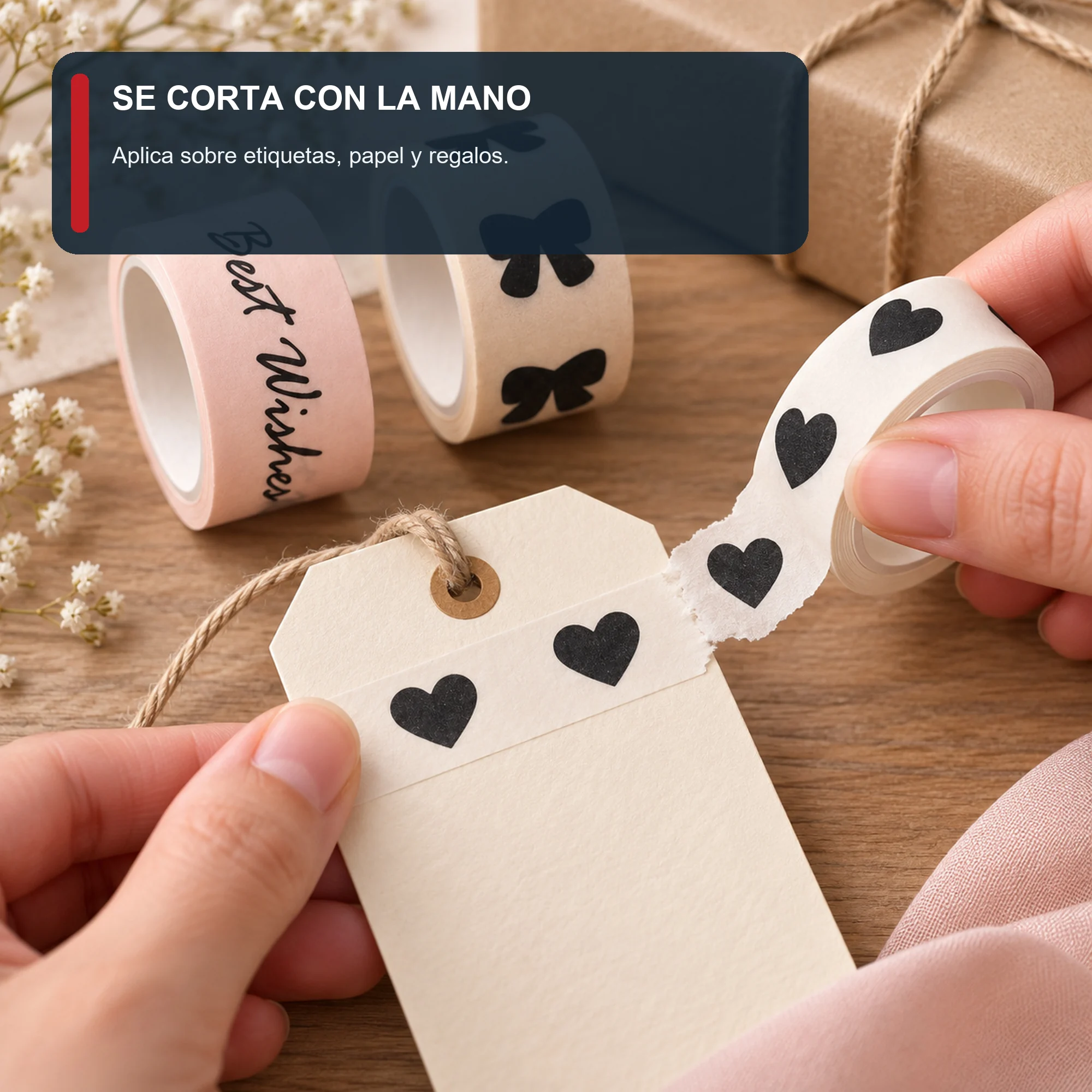 Set de 3 Cintas Washi Con Best Wishes, Corazones Y Lazos, 1,5 cm × 2 m por Rollo