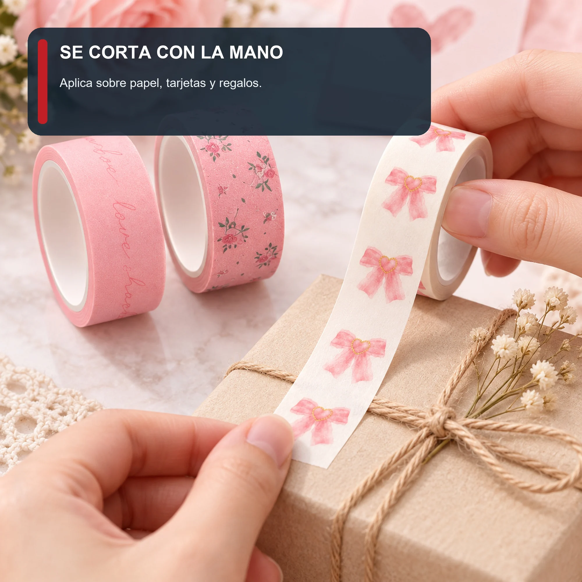 Set de 3 Cintas Washi Rosadas Con Lazos Y Flores, 1,5 cm × 2 m por Rollo