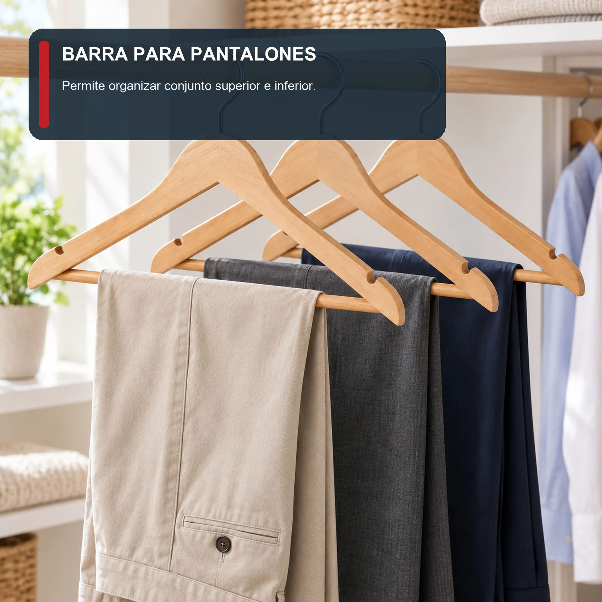 Set de 3 Colgadores de Madera con Barra para Pantalones, 44,3 cm