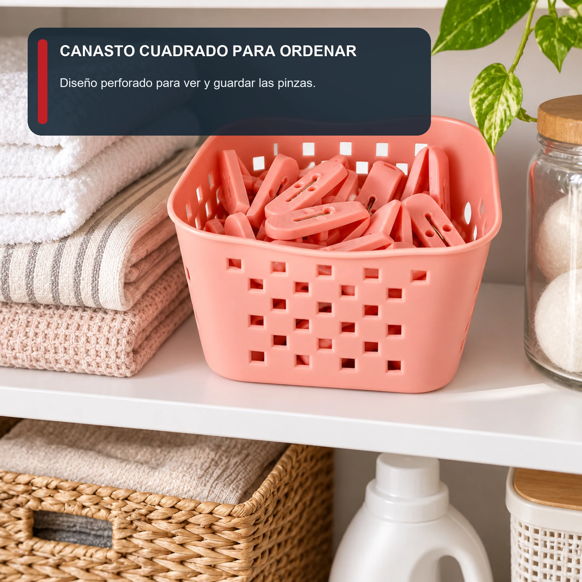 Set de Pinzas para Ropa con Canasto Cuadrado, 13,3 × 12 × 8,5 cm