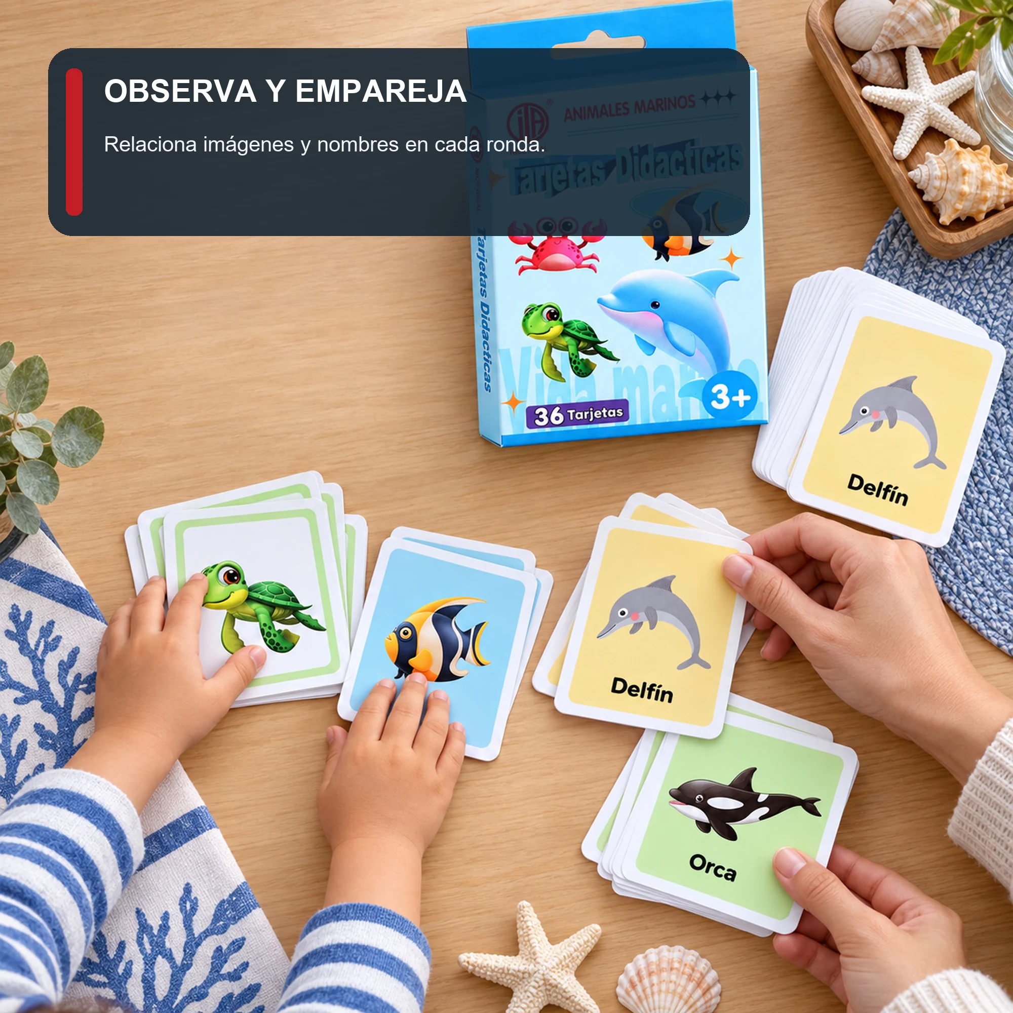 Tarjetas Didácticas de Animales Marinos, 36 Unidades, 7,8 × 11,7 cm