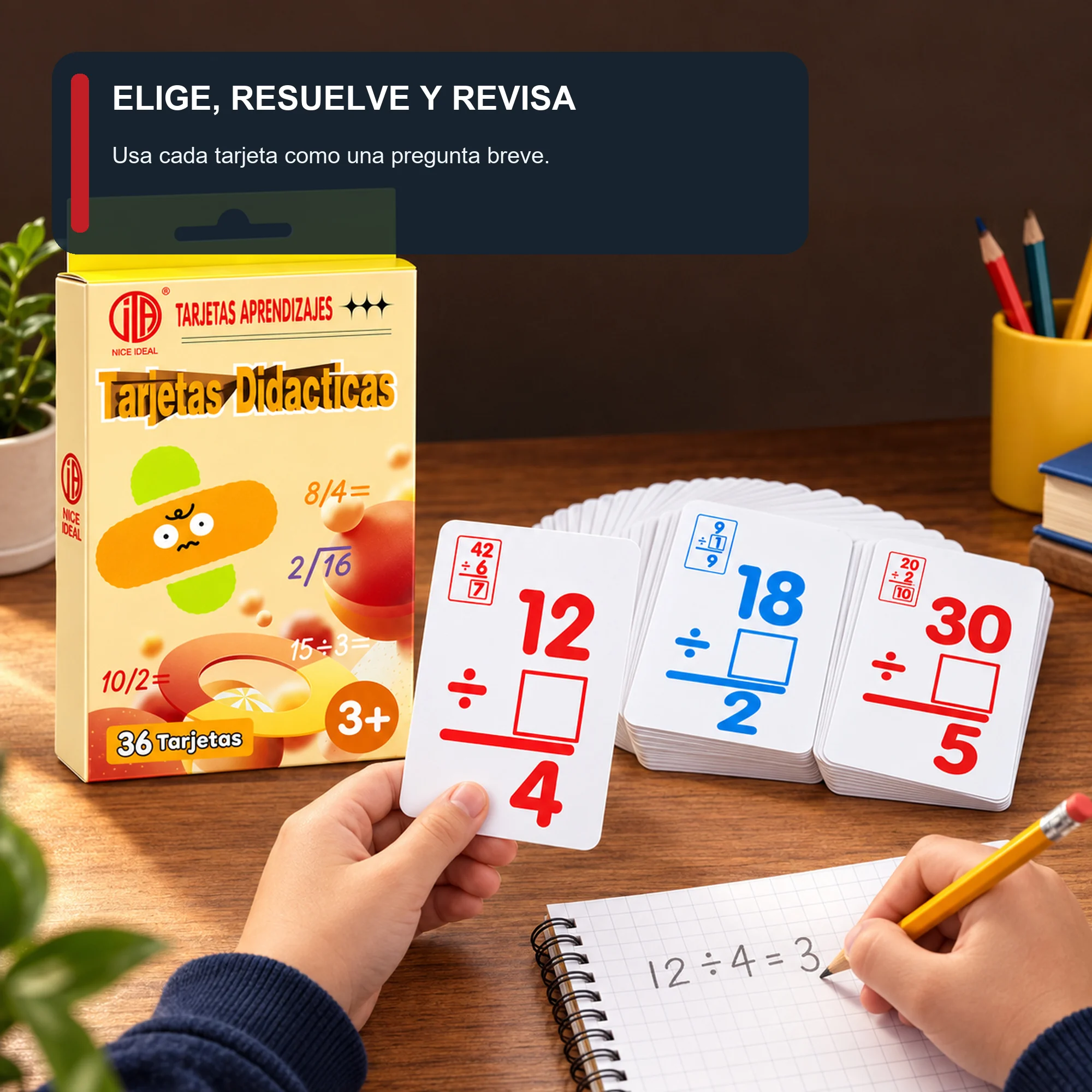 Tarjetas Didácticas de División, 36 Unidades, 7,8 × 11,7 cm