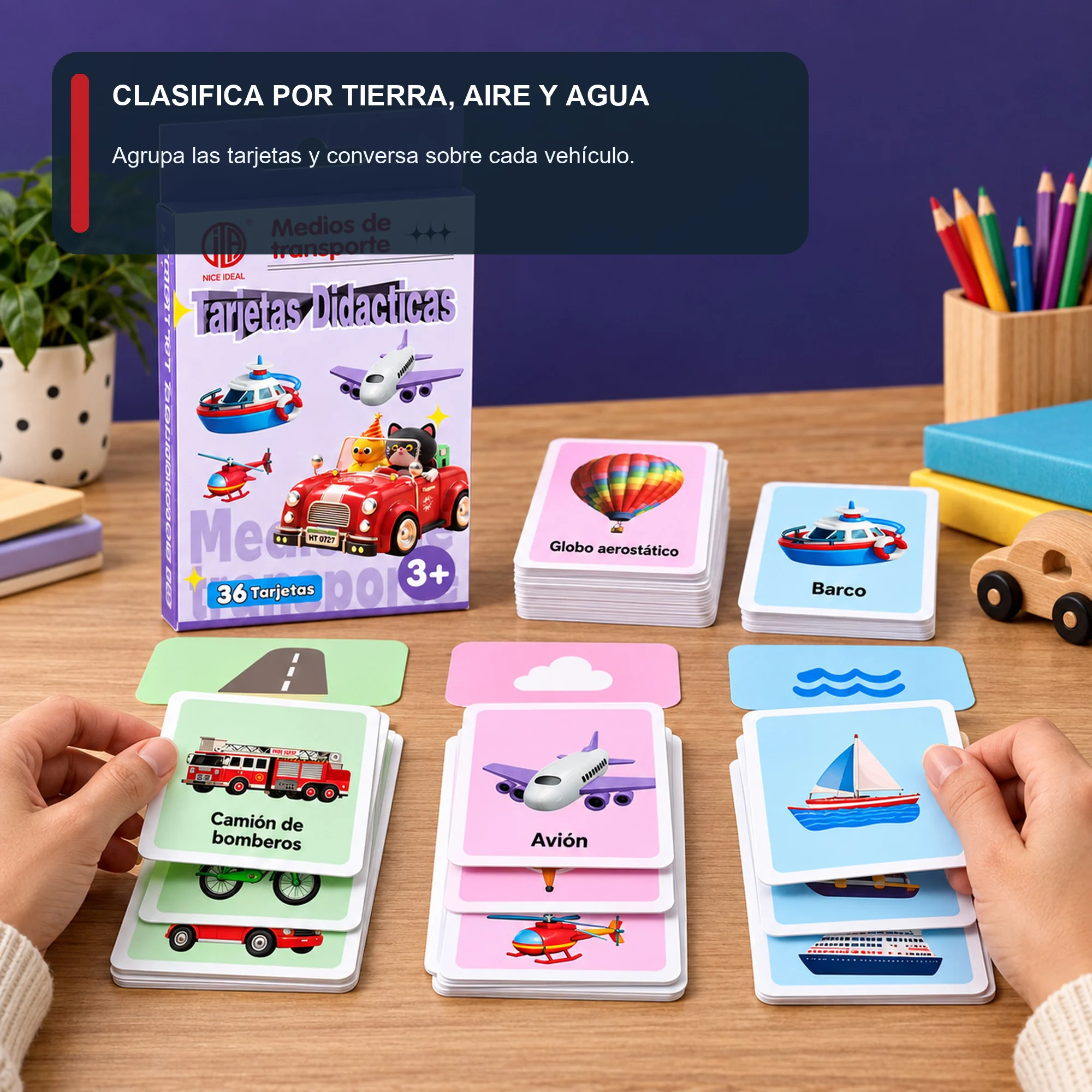 Tarjetas Didácticas de Medios de Transporte, 36 Unidades, 7,8 × 11,7 cm