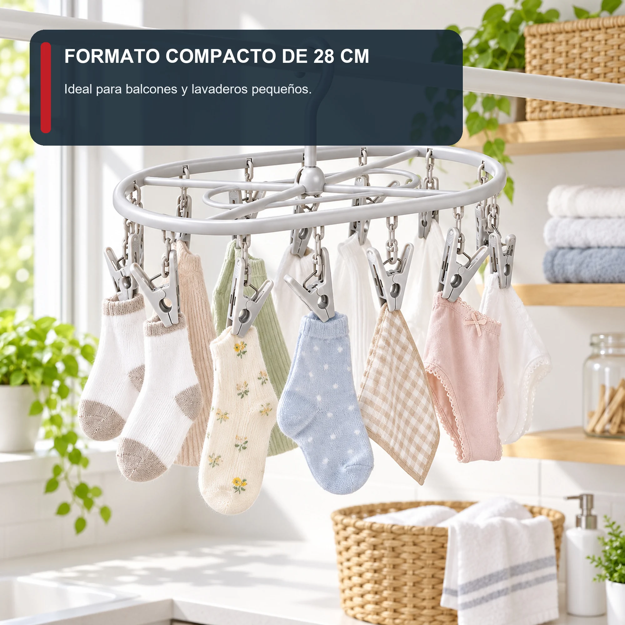 Tendedero Colgante Oval Rectangular Plegable con 14 Pinzas, 28 × 17 cm