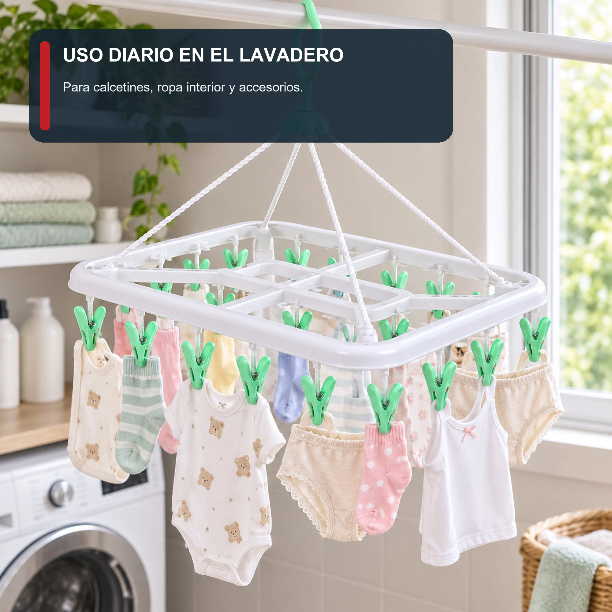 Tendedero Colgante Rectangular con 20 Pinzas, 38 × 28 cm
