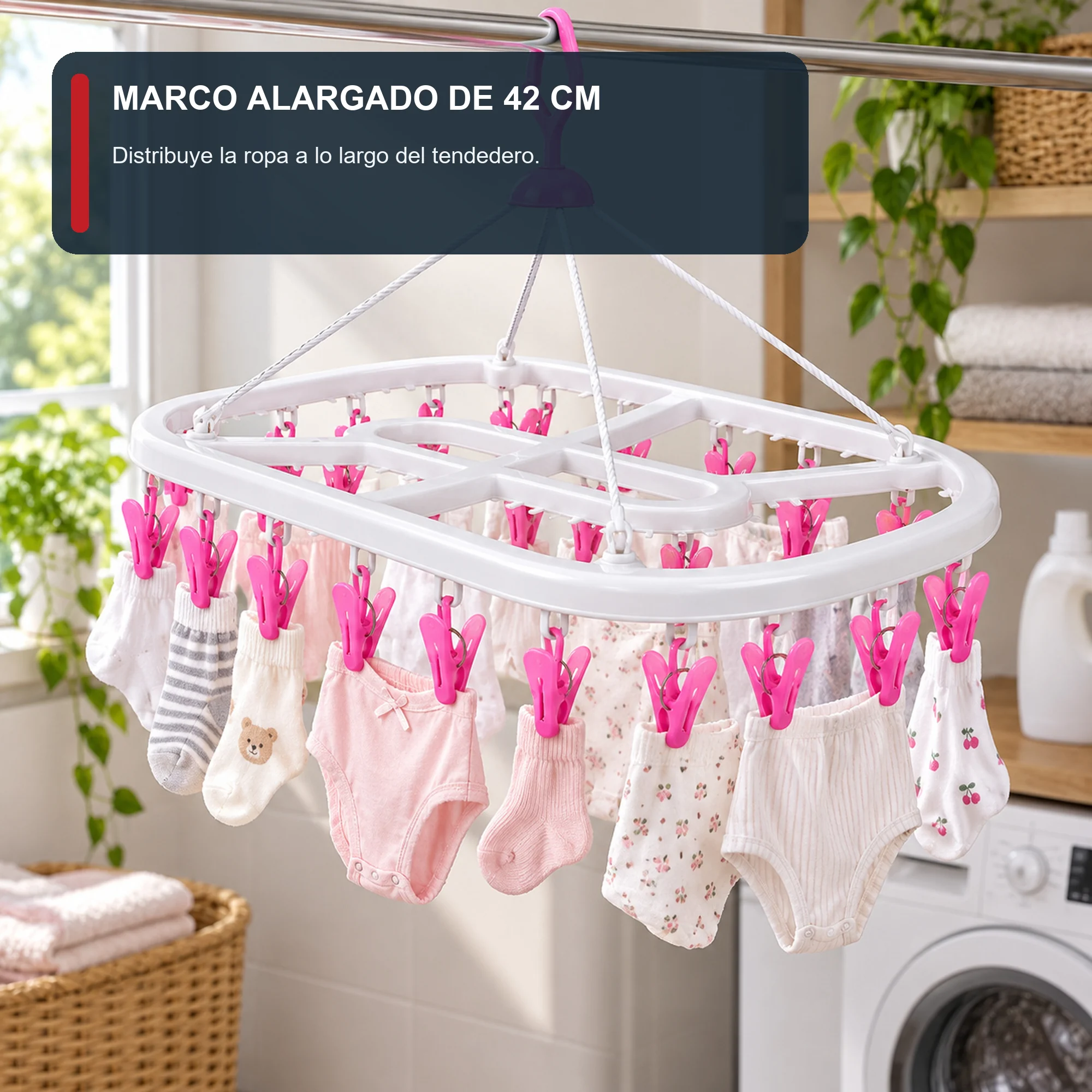Tendedero Colgante Rectangular Alargado con 24 Pinzas, 42 × 29 cm