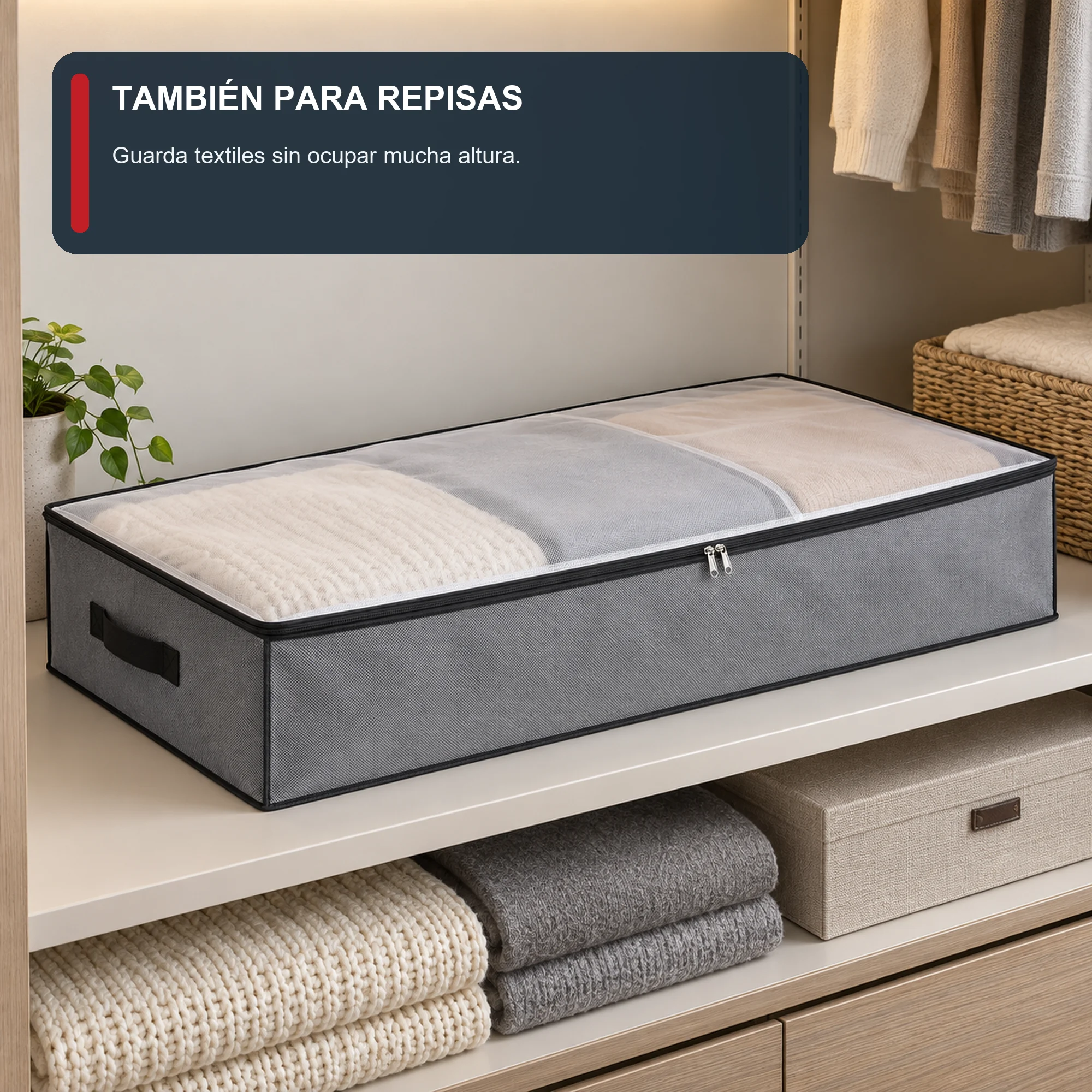 Bolsa Organizadora Gris Bajo Cama, 80 × 45 × 15 cm, 1 Unidad