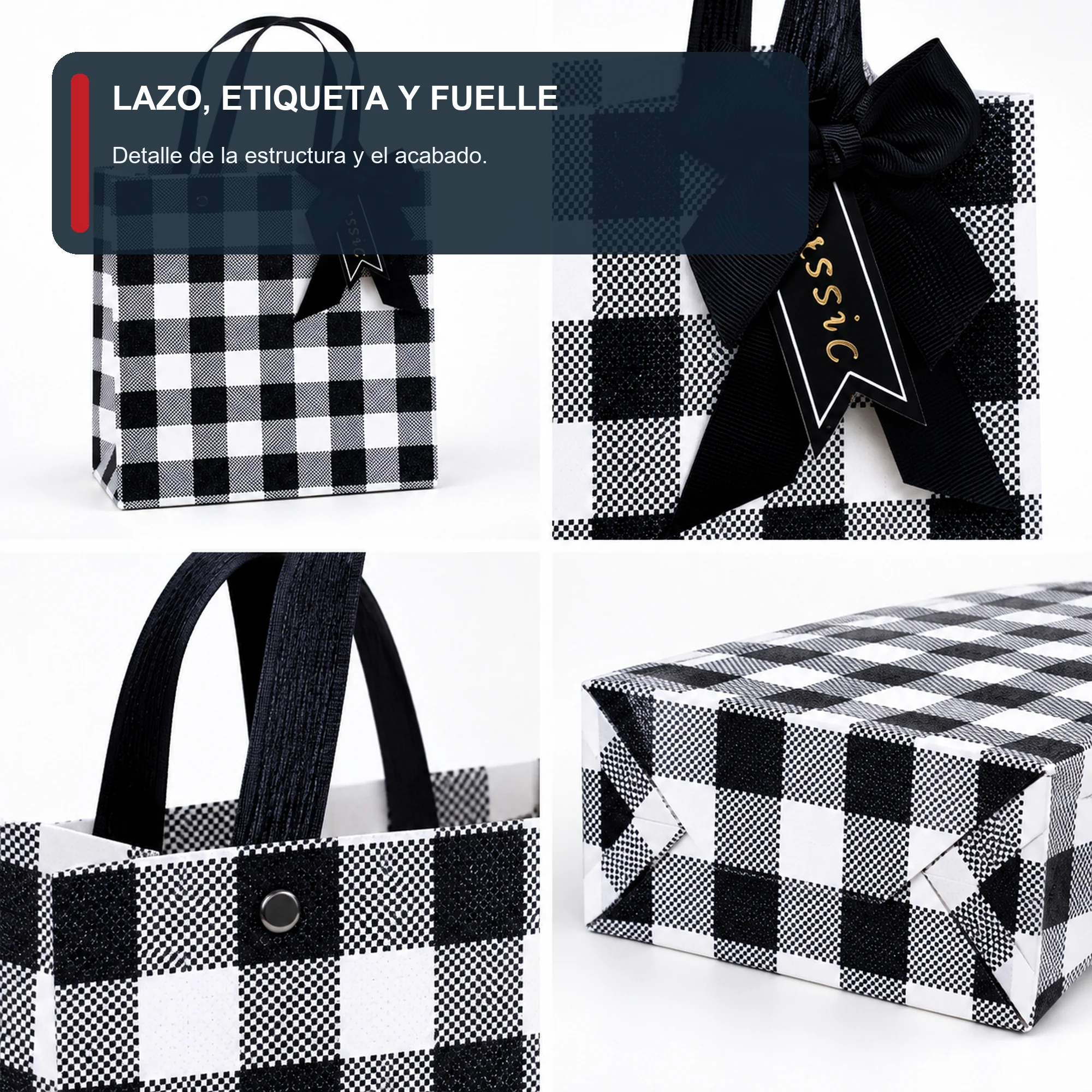 Bolsa de Regalo Bolsa Cuadrada A Cuadros Blanco Y Negro, 22 × 22 × 10 cm