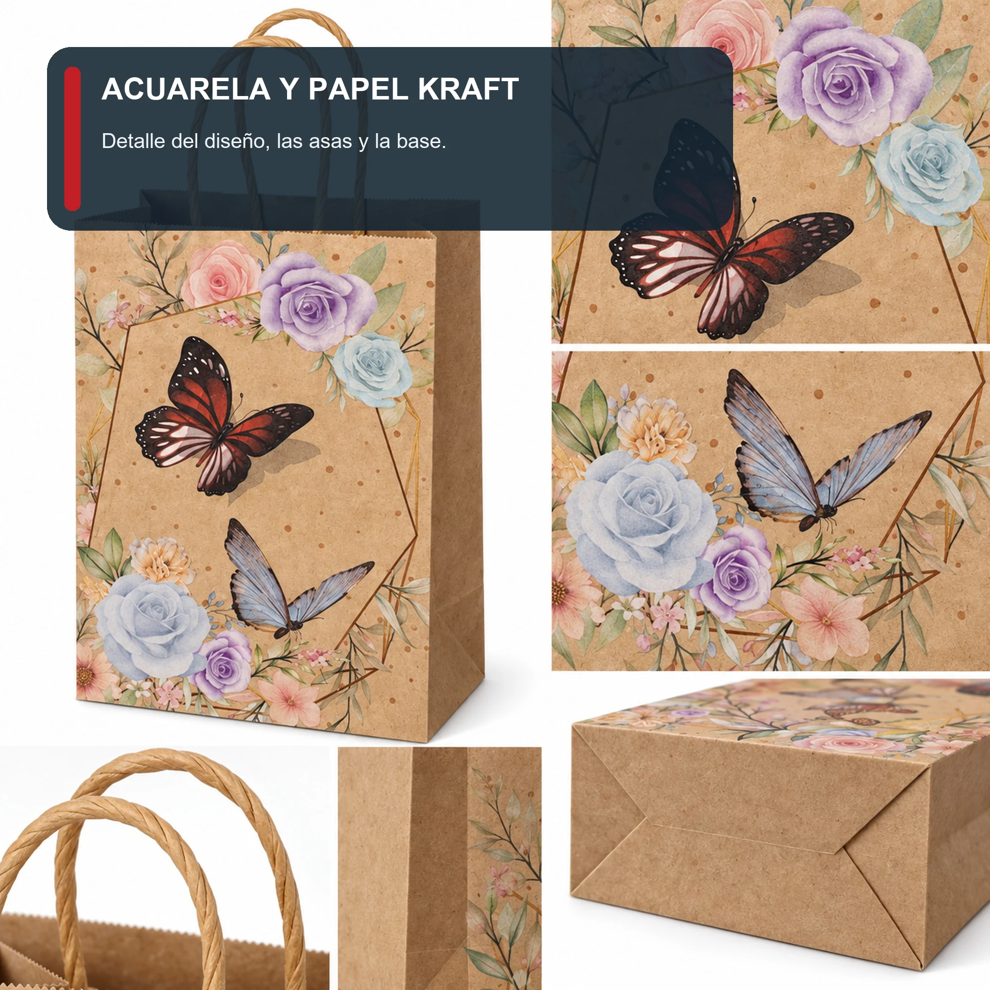 Bolsa de Regalo de Papel Kraft Estampada con Flores Y Mariposas, 15 × 21 × 8 cm, Diseños Surtidos