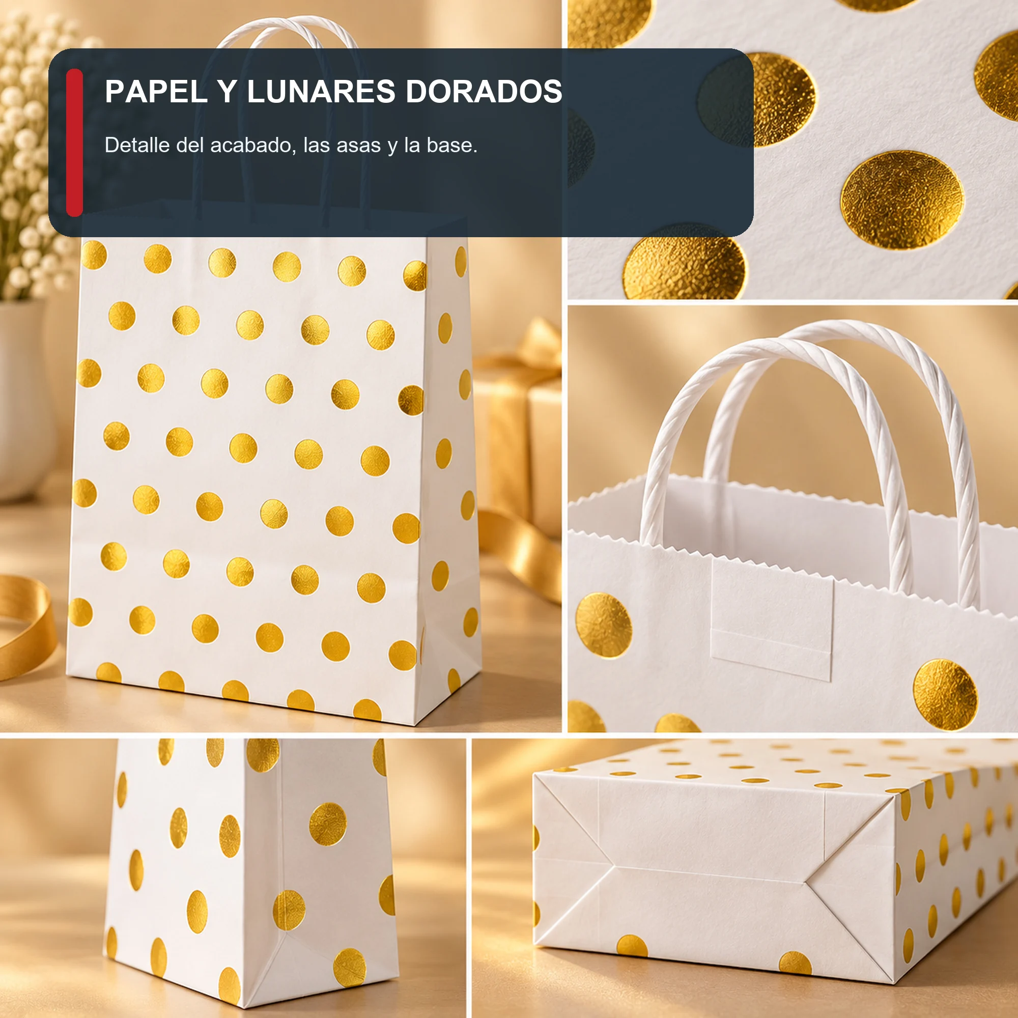 Bolsa de Regalo de Papel con Lunares Metalizados y Asas Trenzadas, 15 × 21 × 8 cm, Colores Surtidos