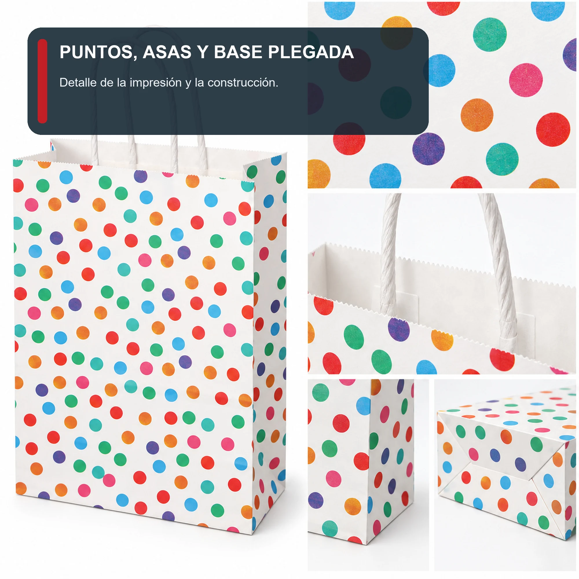 Bolsa de Regalo de Papel Estampada con Lunares Multicolor, 21 × 27 × 11 cm, Diseños Surtidos