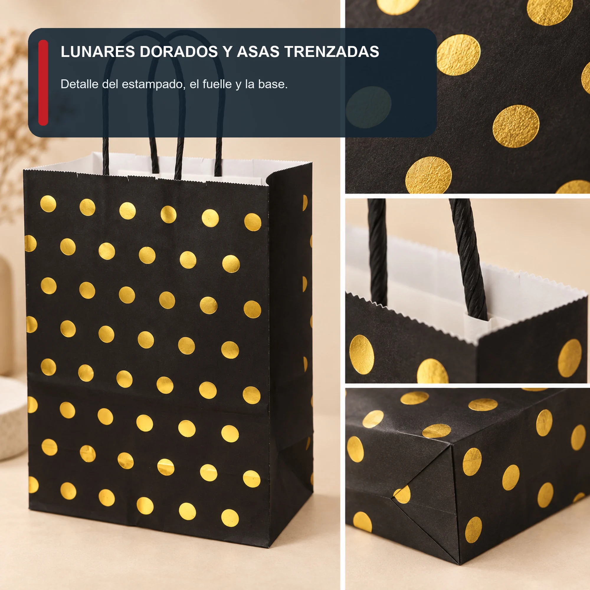Bolsa de Regalo de Papel con Lunares Dorados y Asas Trenzadas, 21 × 27 × 11 cm, Diseños Surtidos