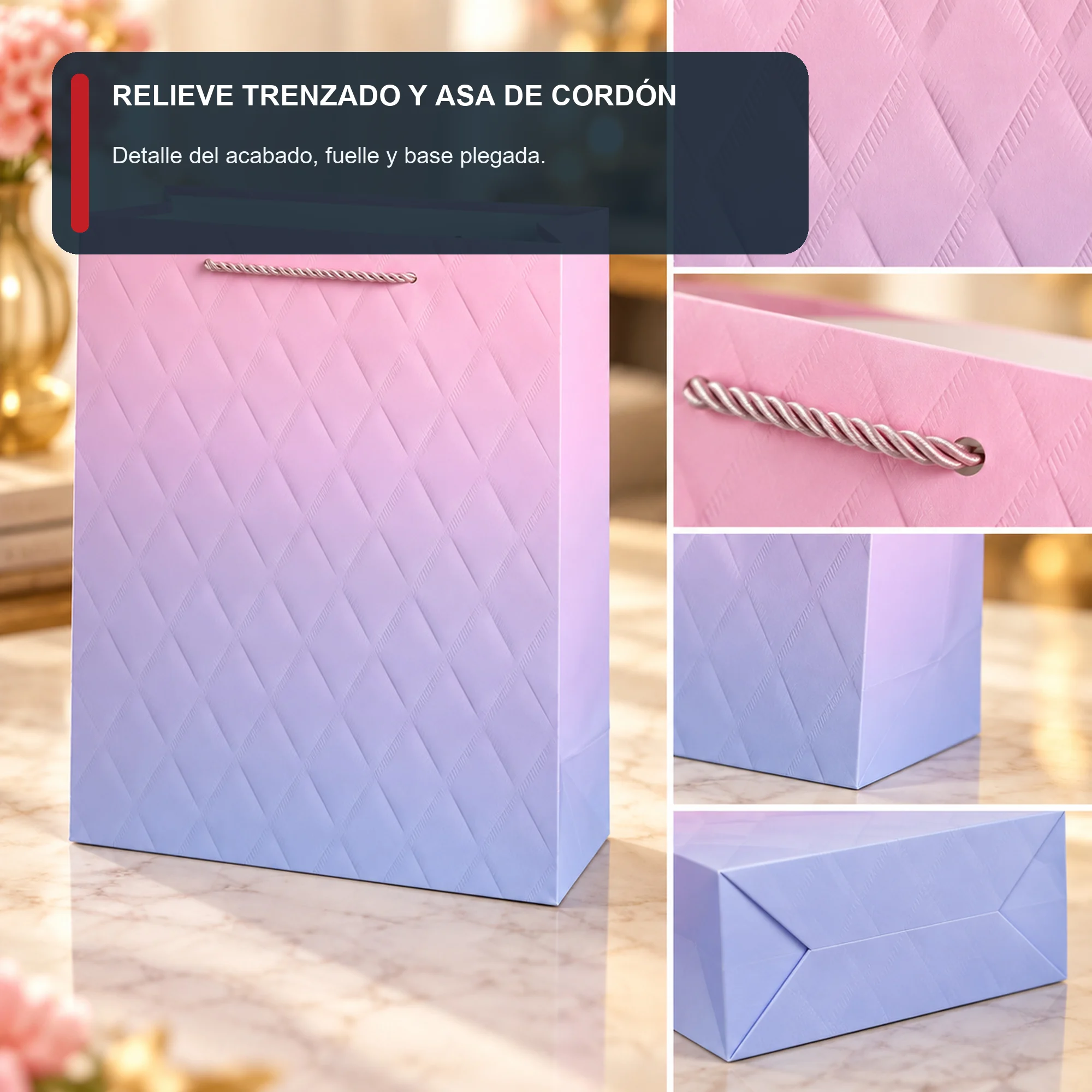 Bolsa de Regalo de Papel Texturizado con Asa de Cordón, 18 × 23 × 10 cm, Colores Surtidos