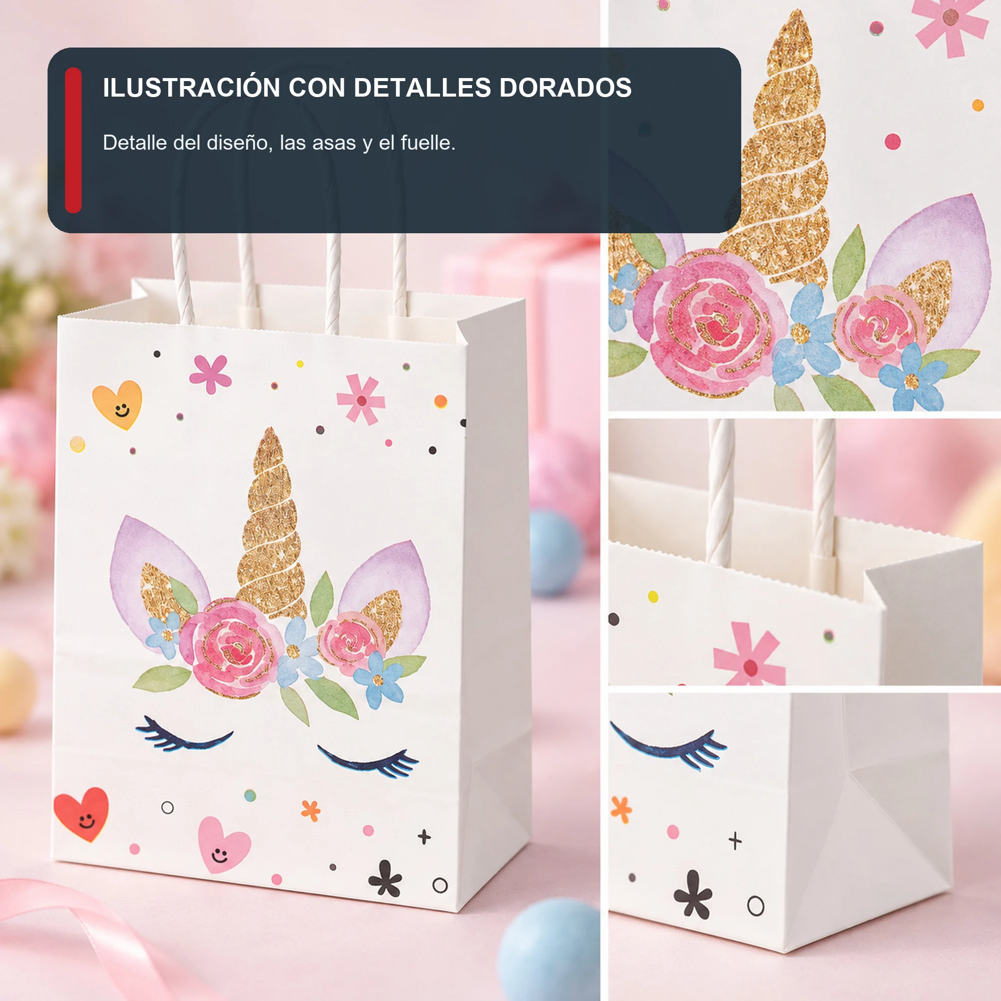 Bolsa de Regalo de Papel con Diseño De Unicornio y Asas Trenzadas, 11 × 15 × 6 cm, Diseños Surtidos