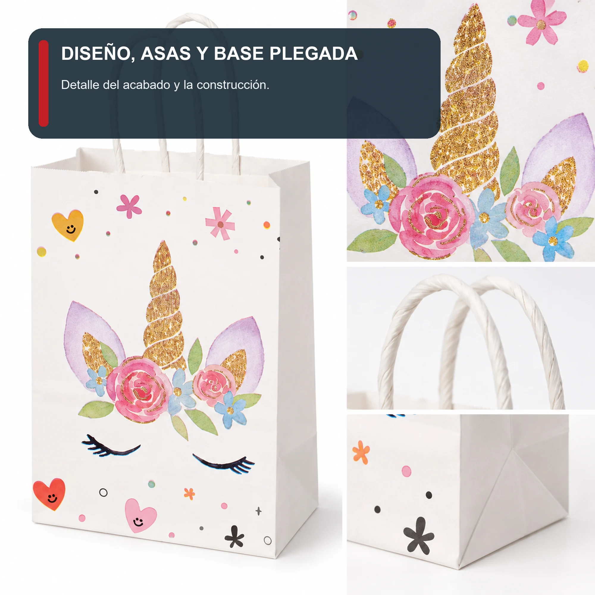Bolsa de Regalo de Papel con Diseño De Unicornio y Asas Trenzadas, 15 × 21 × 8 cm, Diseños Surtidos