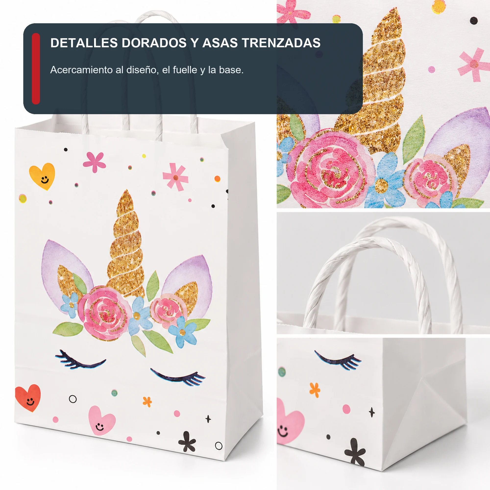 Bolsa de Regalo de Papel con Formato Grande De Unicornio y Asas Trenzadas, 21 × 27 × 11 cm, Diseños Surtidos