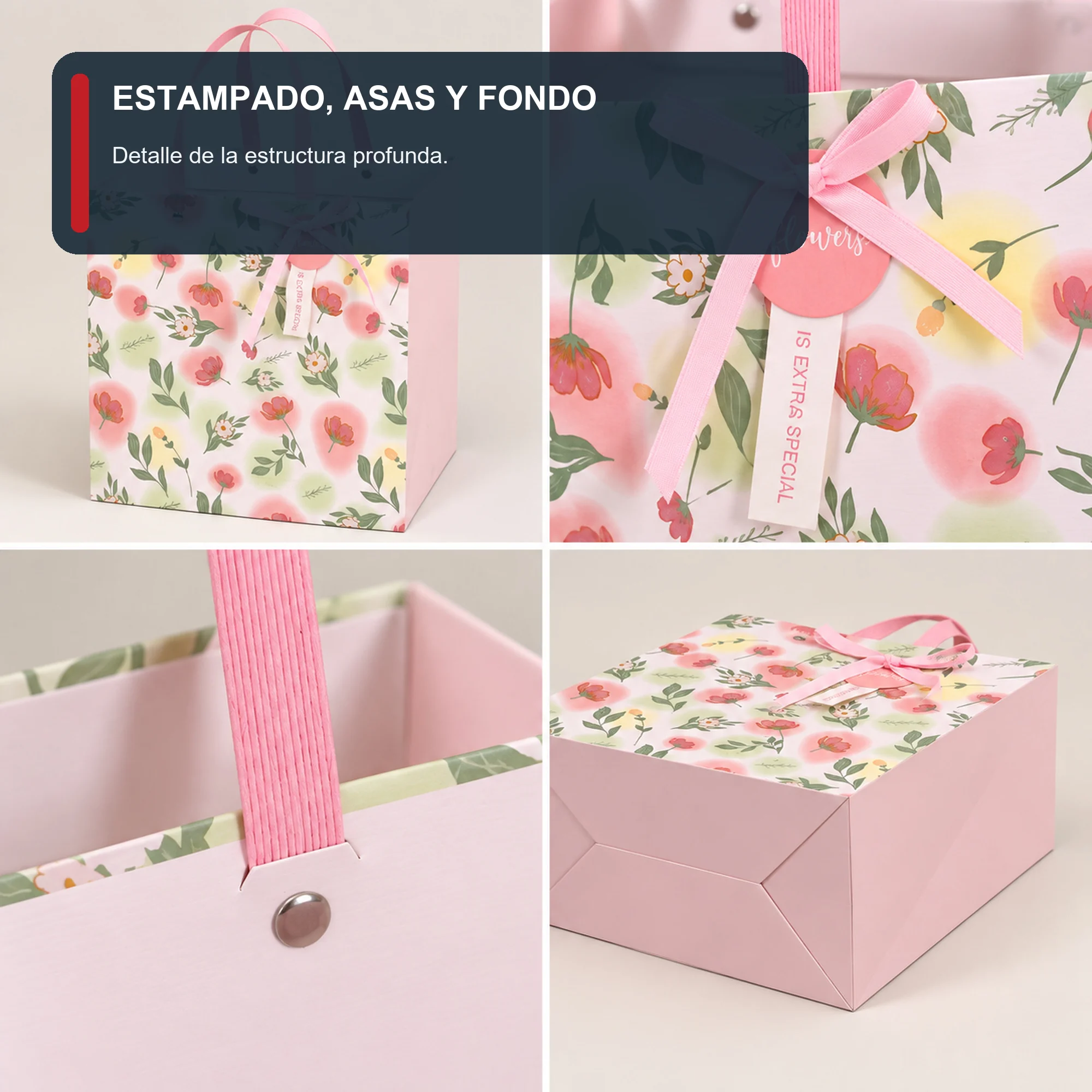 Bolsa de Regalo Rígida Floral con Formato Cuadrado Profundo, 26 × 26 × 25 cm
