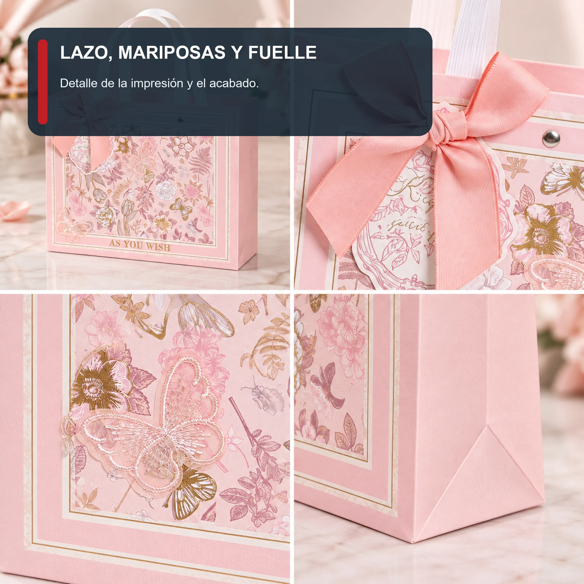 Bolsa de Regalo Rosada Floral Ancha, 24,5 × 19,5 × 9,5 cm