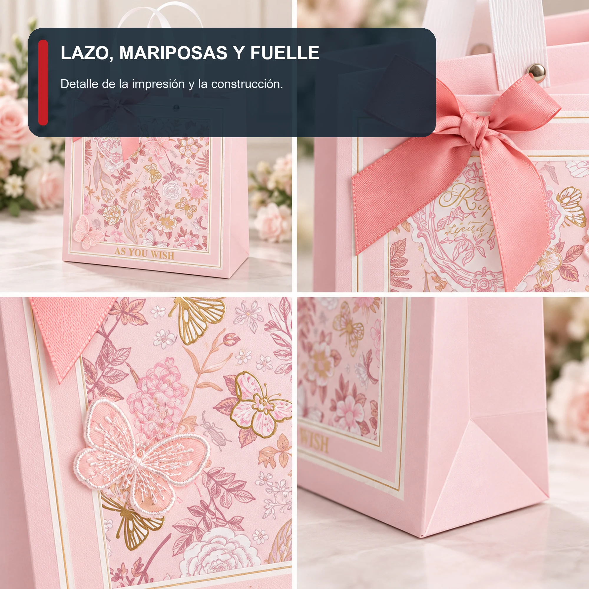 Bolsa de Regalo Rosada Floral Con Mariposas, 22 × 22 × 10 cm