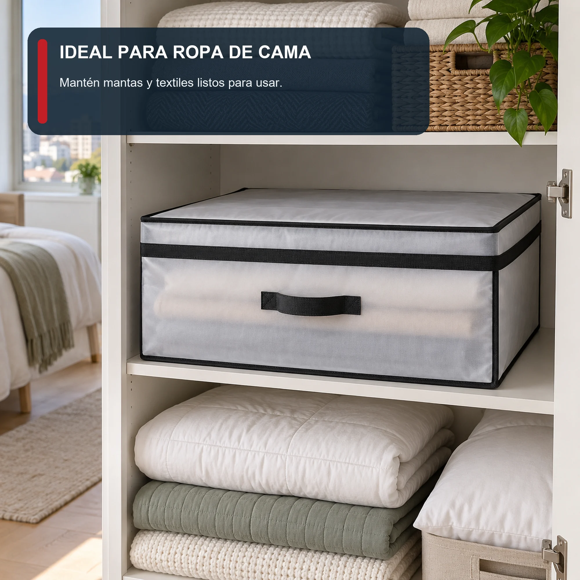 Caja organizadora grande de perfil bajo de PEVA y PP, 41 × 35 × 20 cm, 1 Unidad