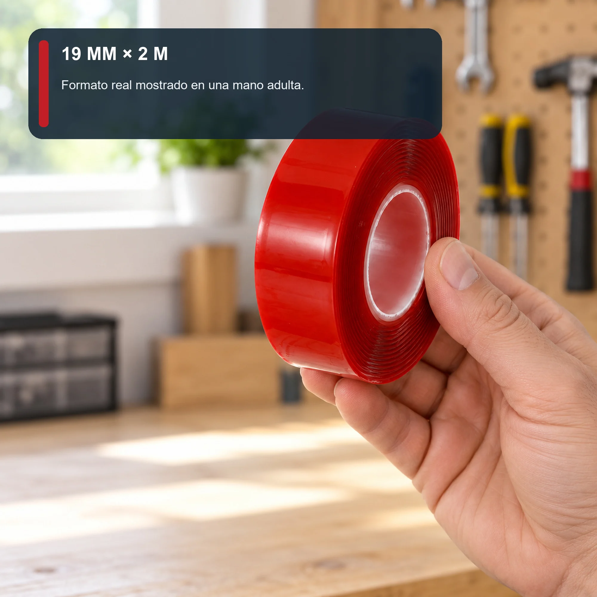 Cinta Doble Contacto de Gel Acrílico Roja, 19 mm × 2 m
