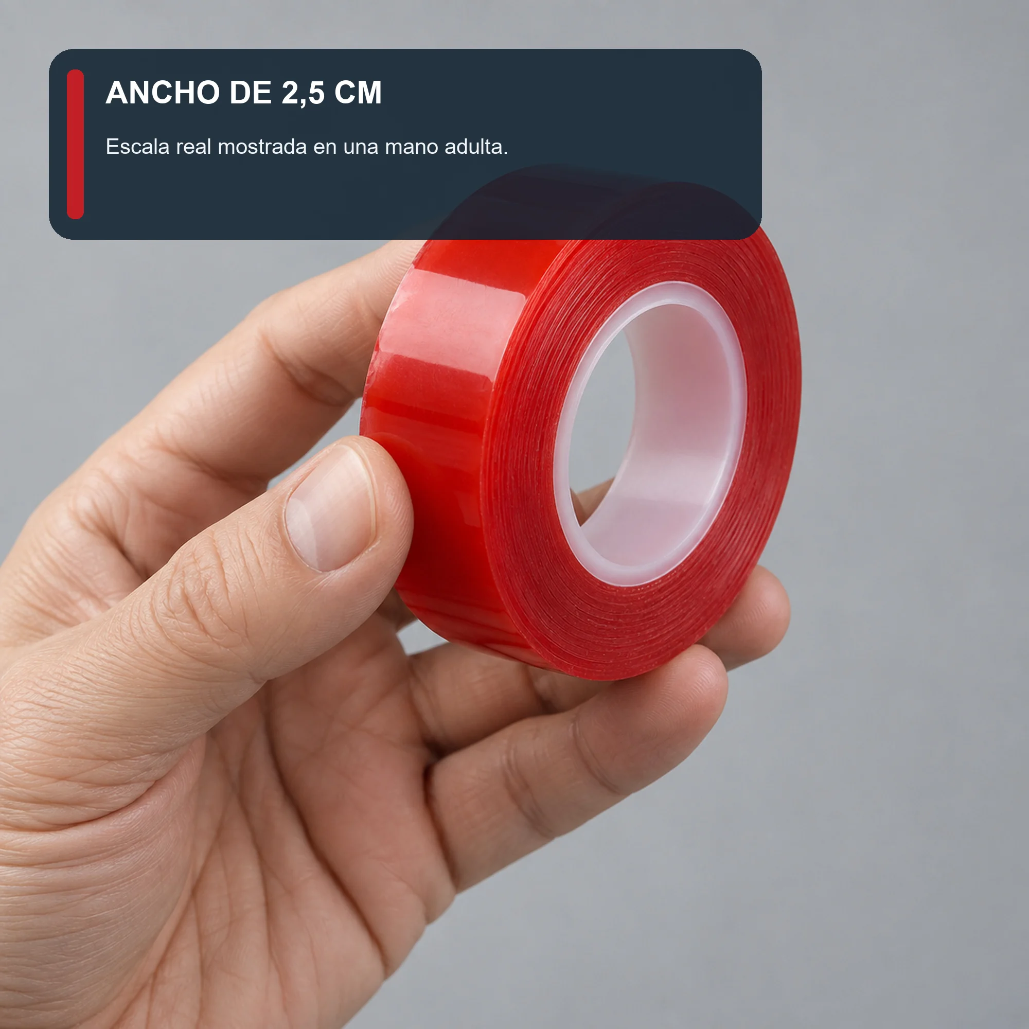 Cinta Doble Contacto de Gel Acrílico Roja, 25 mm × 2 m