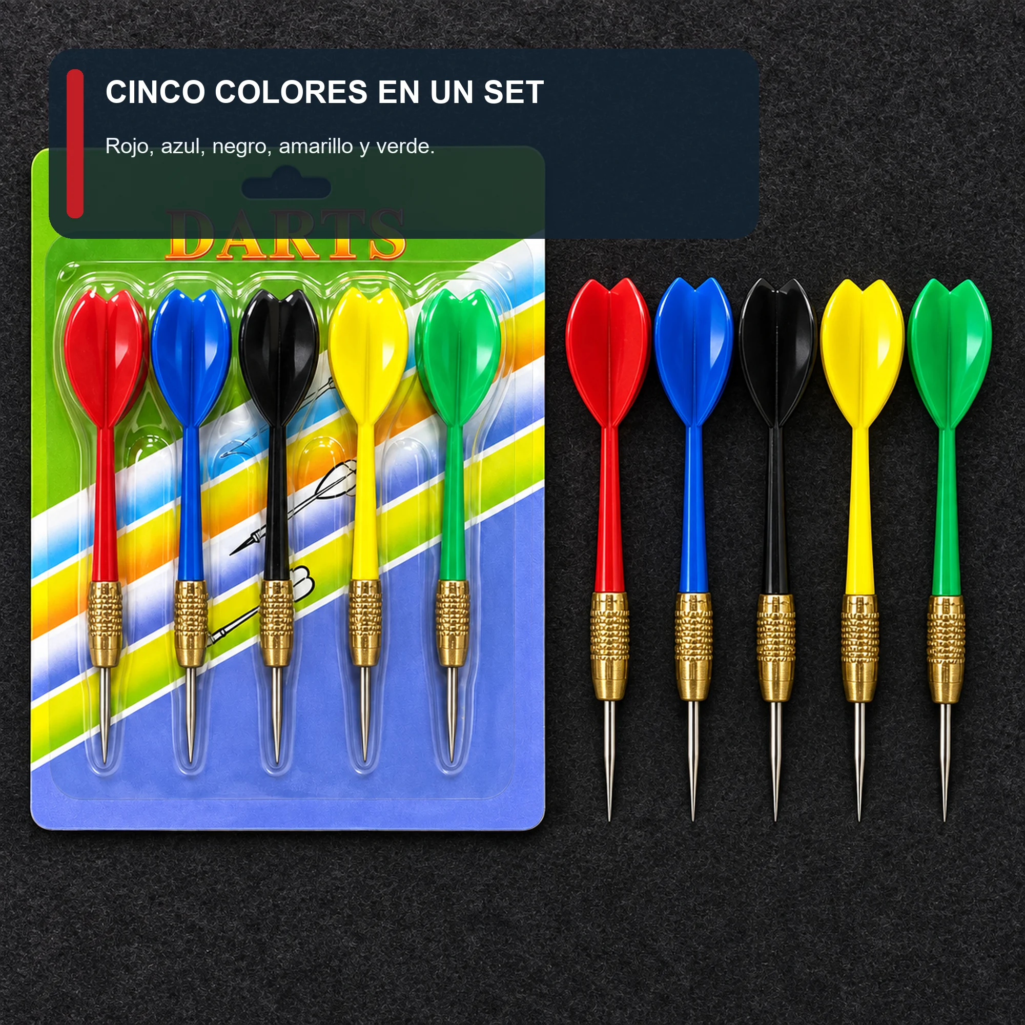 Set de 5 Dardos con Punta Metálica, 5 Colores