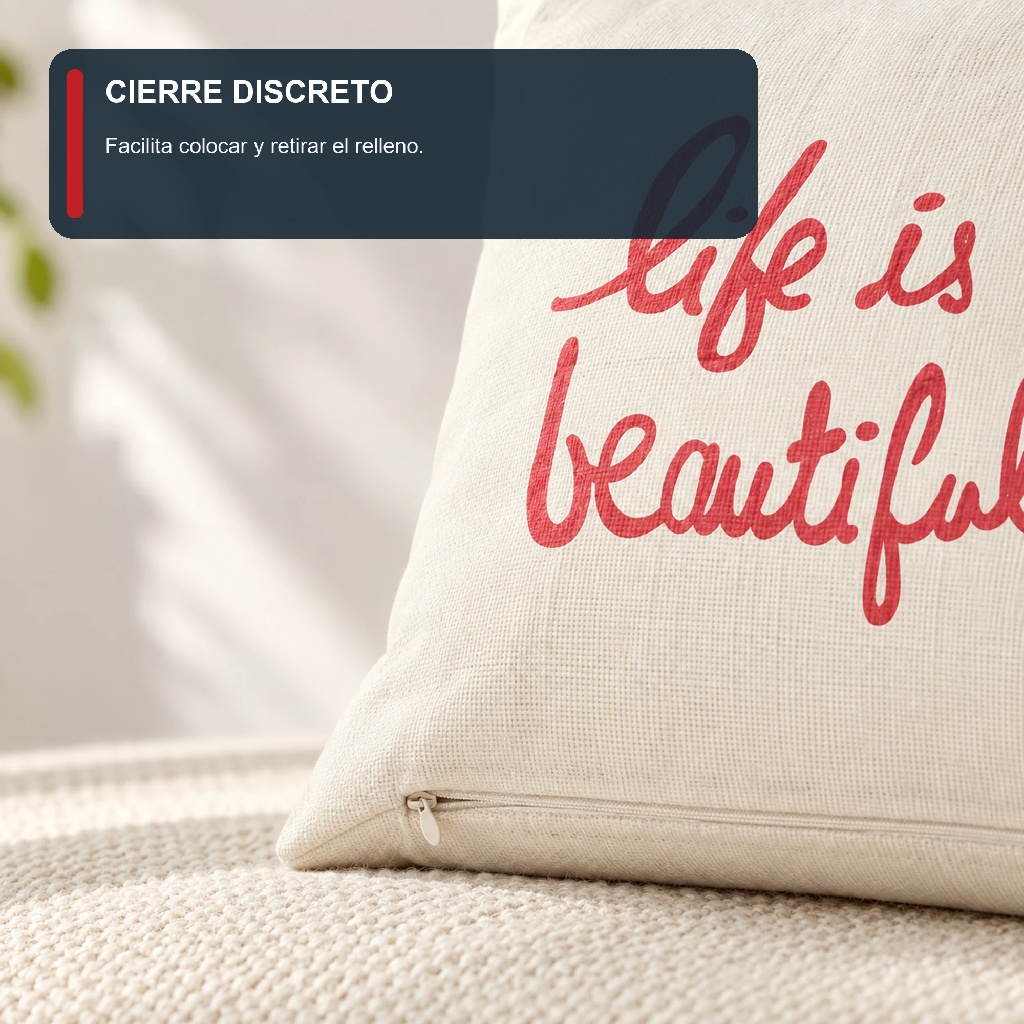 Funda Decorativa para Cojín Marfil Con Frase Life Is Beautiful, 43 × 43 cm
