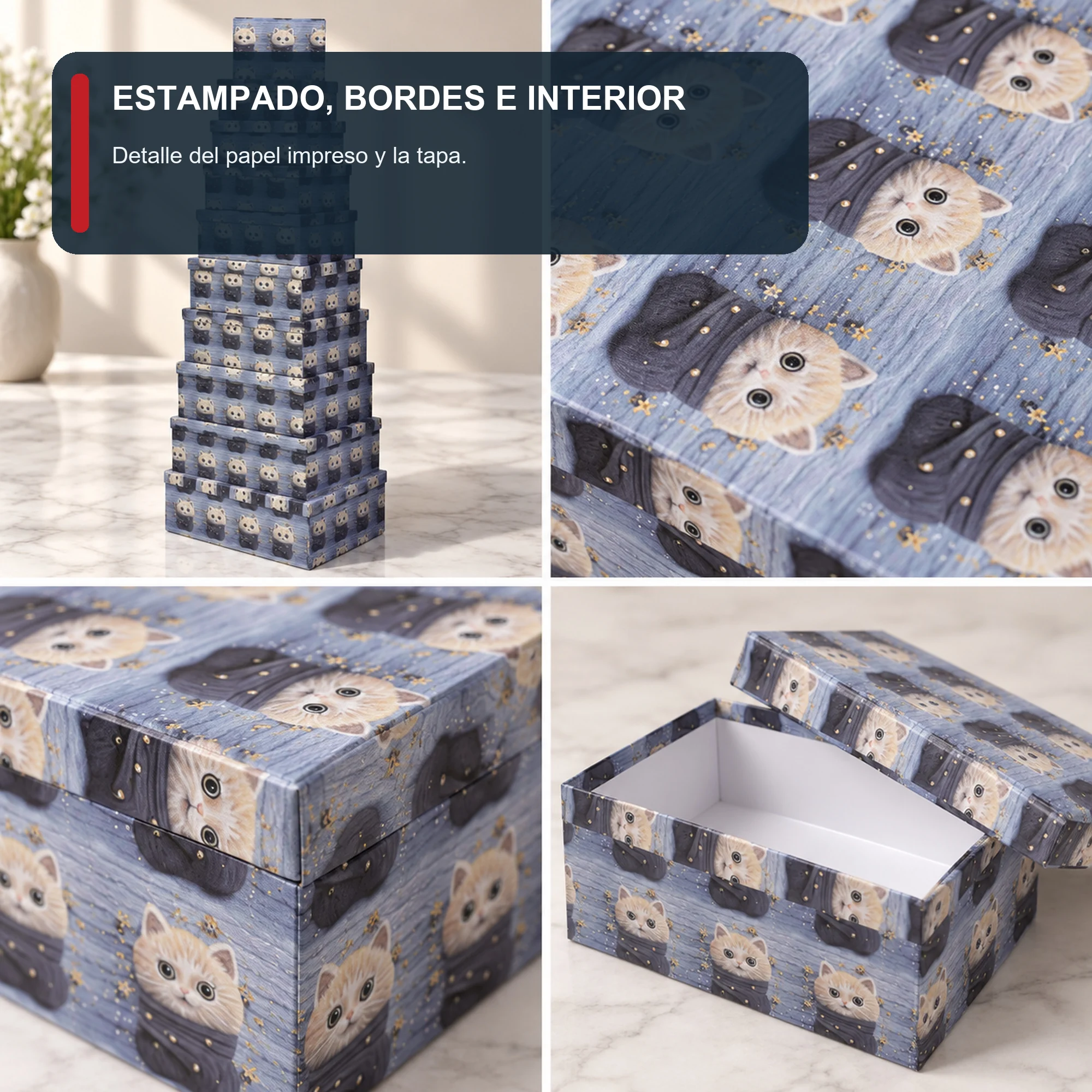 Juego de 10 Cajas de Regalo Juego Rectangular Azul Con Gatitos, Tamaños Surtidos