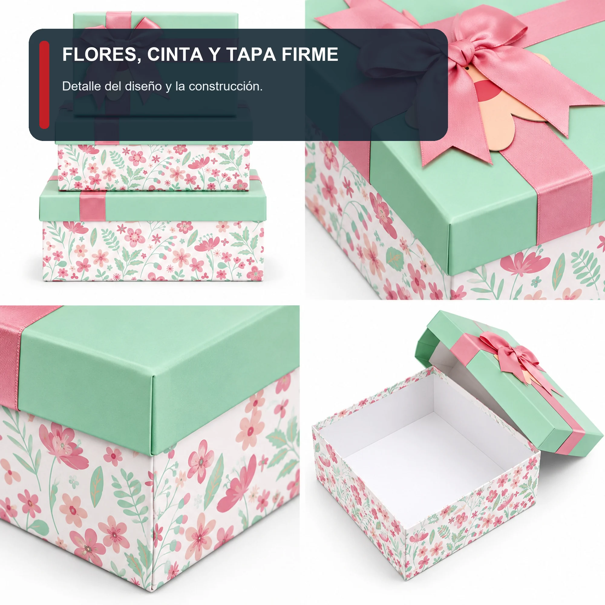 Juego de 3 Cajas de Regalo Juego De Cajas Florales Color Menta, Tres Tamaños