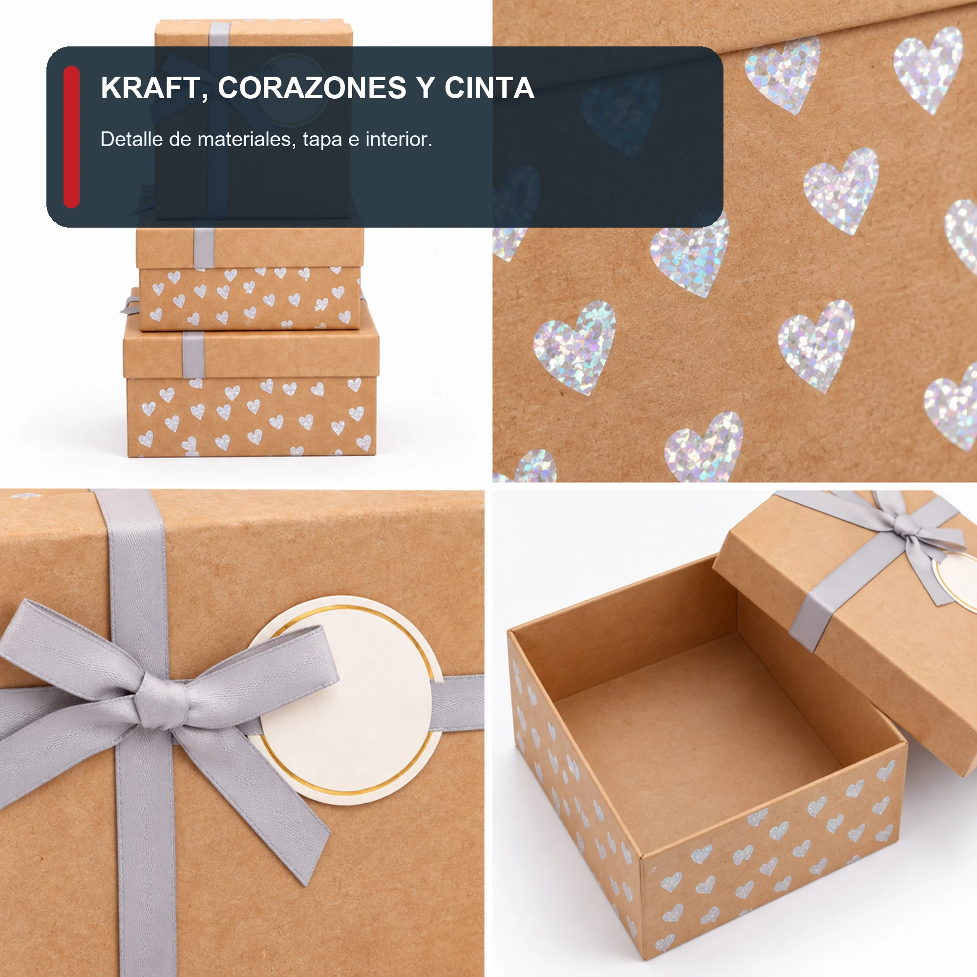 Juego de 3 Cajas de Regalo Juego De Cajas Kraft Con Corazones Holográficos, Tres Tamaños