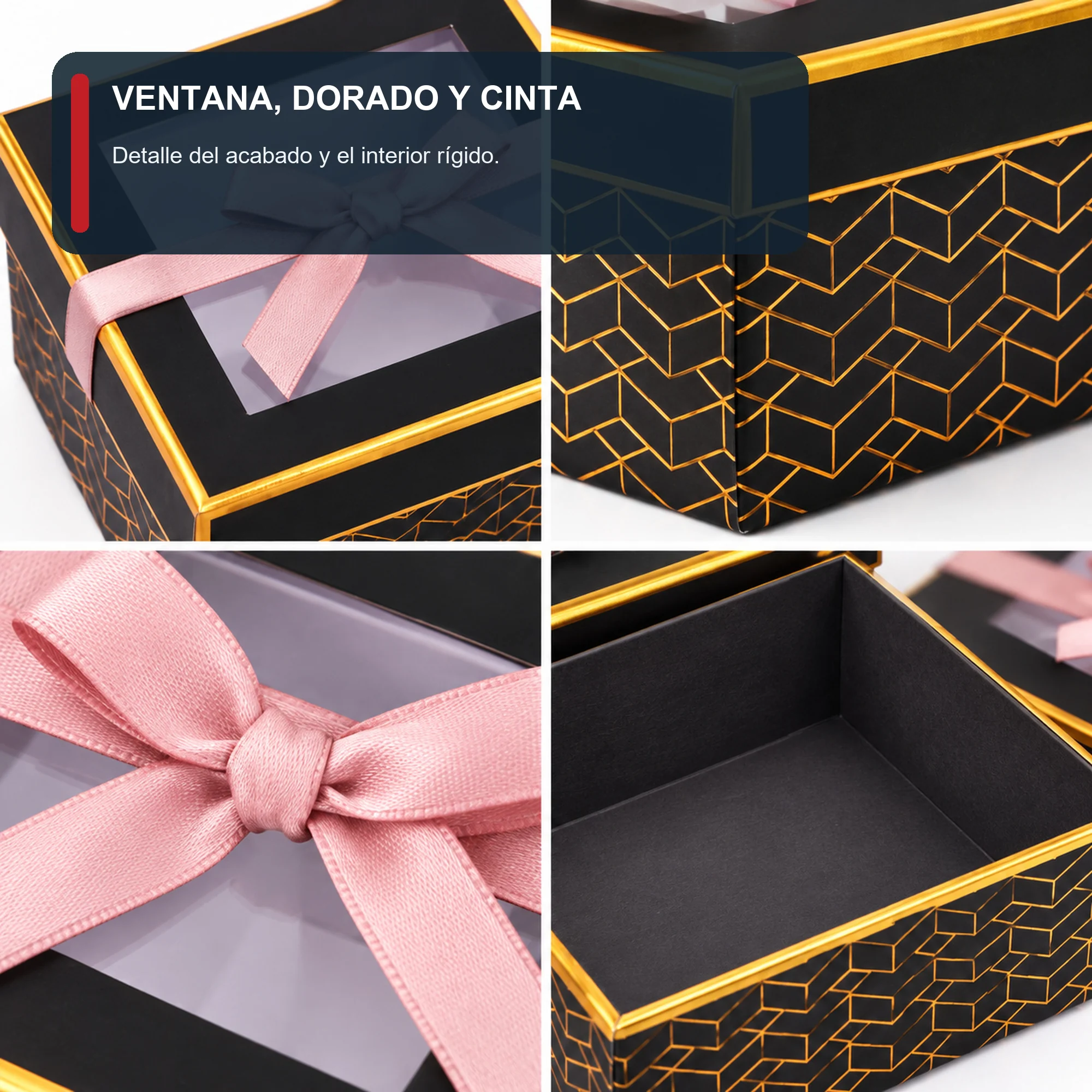 Juego de 3 Cajas de Regalo Juego De Cajas Negras Con Ventana Y Lazo Rosado, Tres Tamaños
