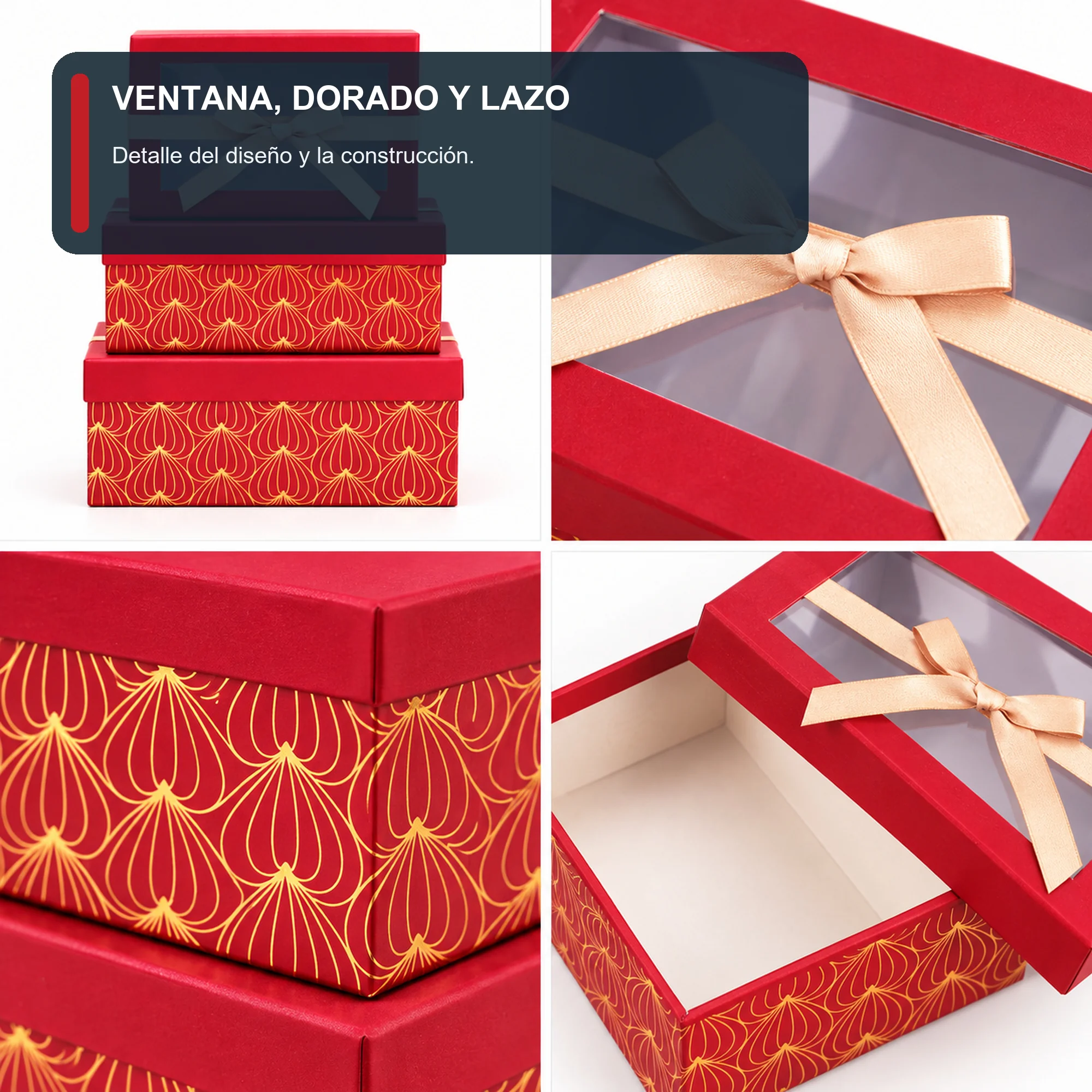 Juego de 3 Cajas de Regalo Juego De Cajas Rojas Con Ventana Y Lazo Champaña, Tres Tamaños