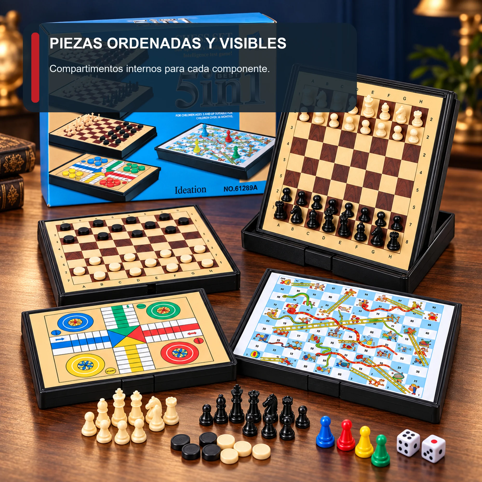 Juego de Mesa 5 en 1 Compacto con Estuche, 11,5 × 16,5 cm