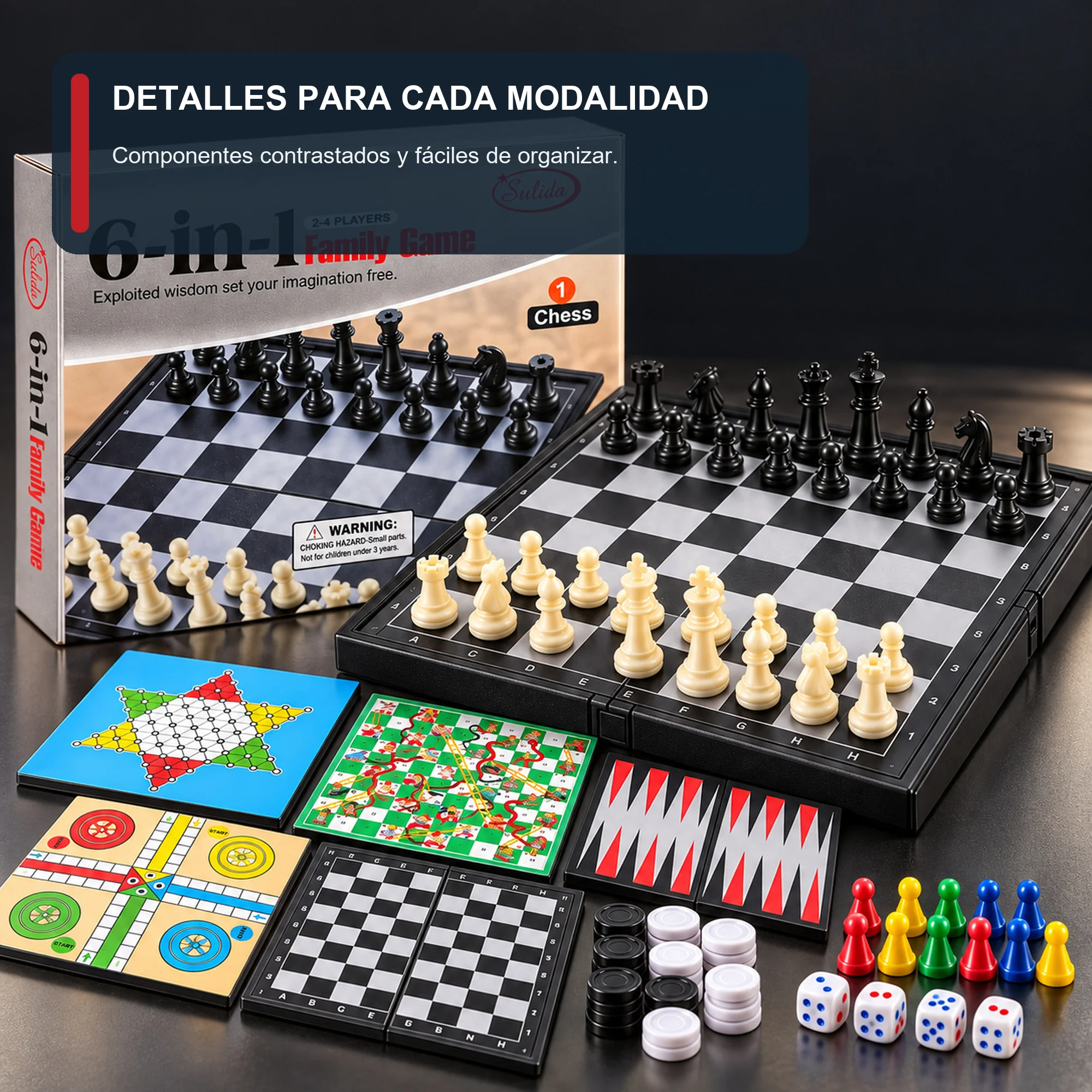 Juego de Mesa Sulida 6 en 1 para 2–4 Jugadores, 18,3 × 17,6 cm