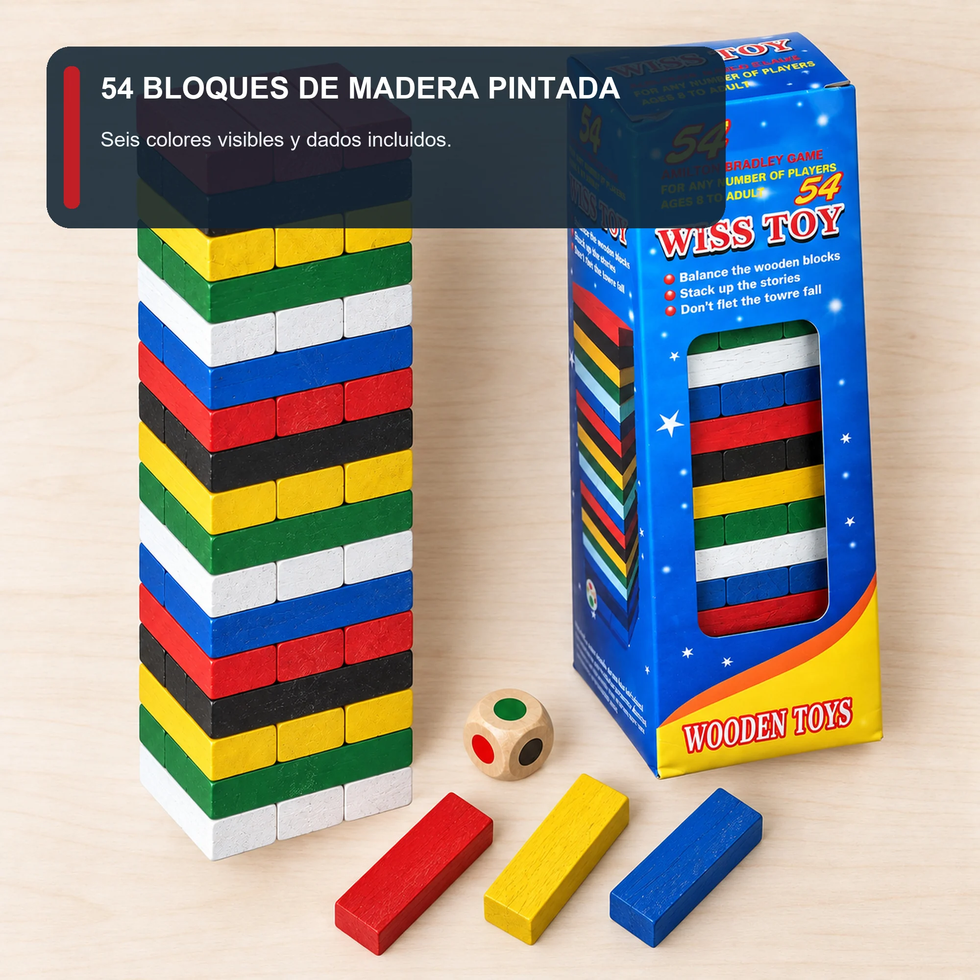 Juego de Torre de Madera de Colores, 54 Bloques, Tamaño Mediano