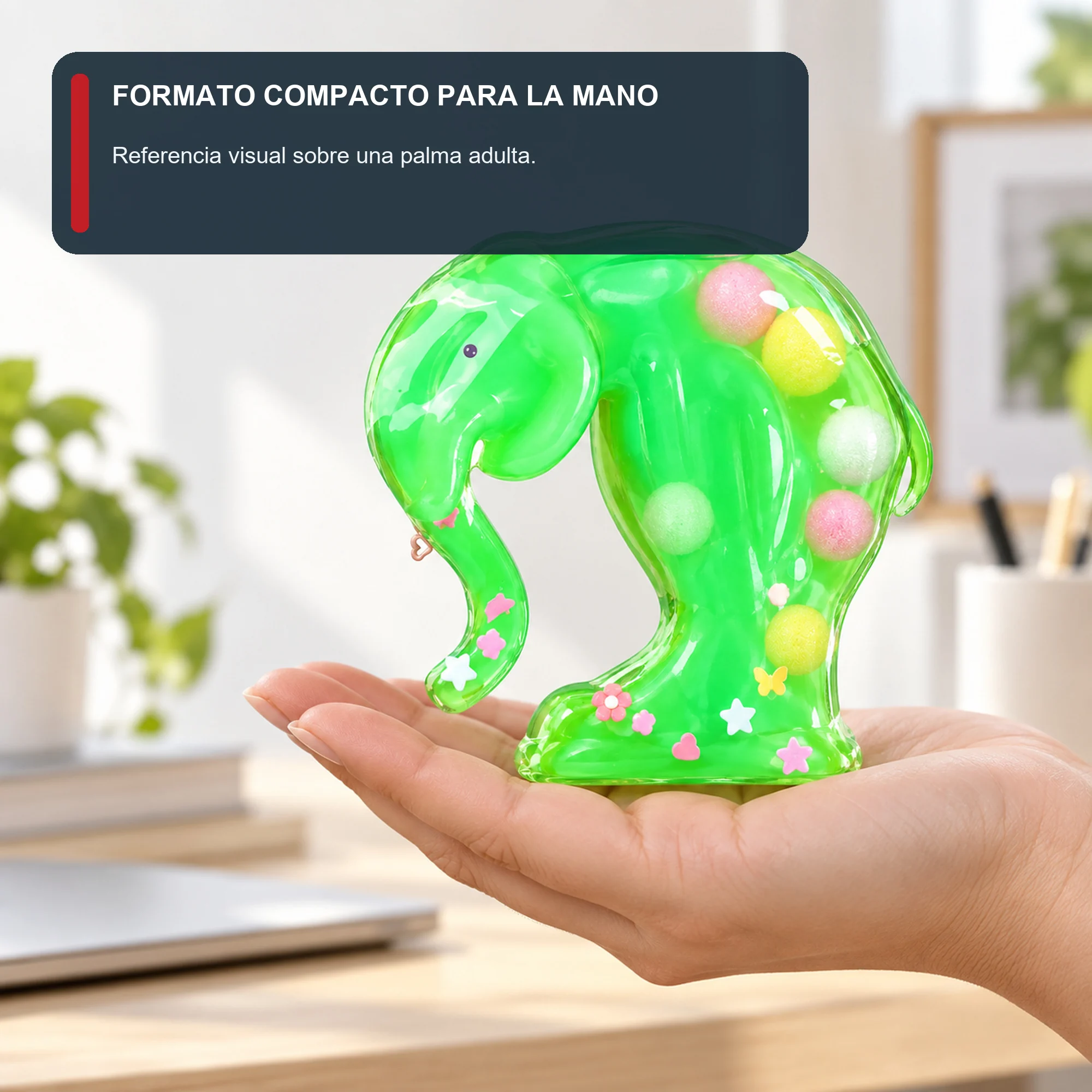 Juguete Antiestrés Elefante Verde, Empaque 13 × 12,5 cm