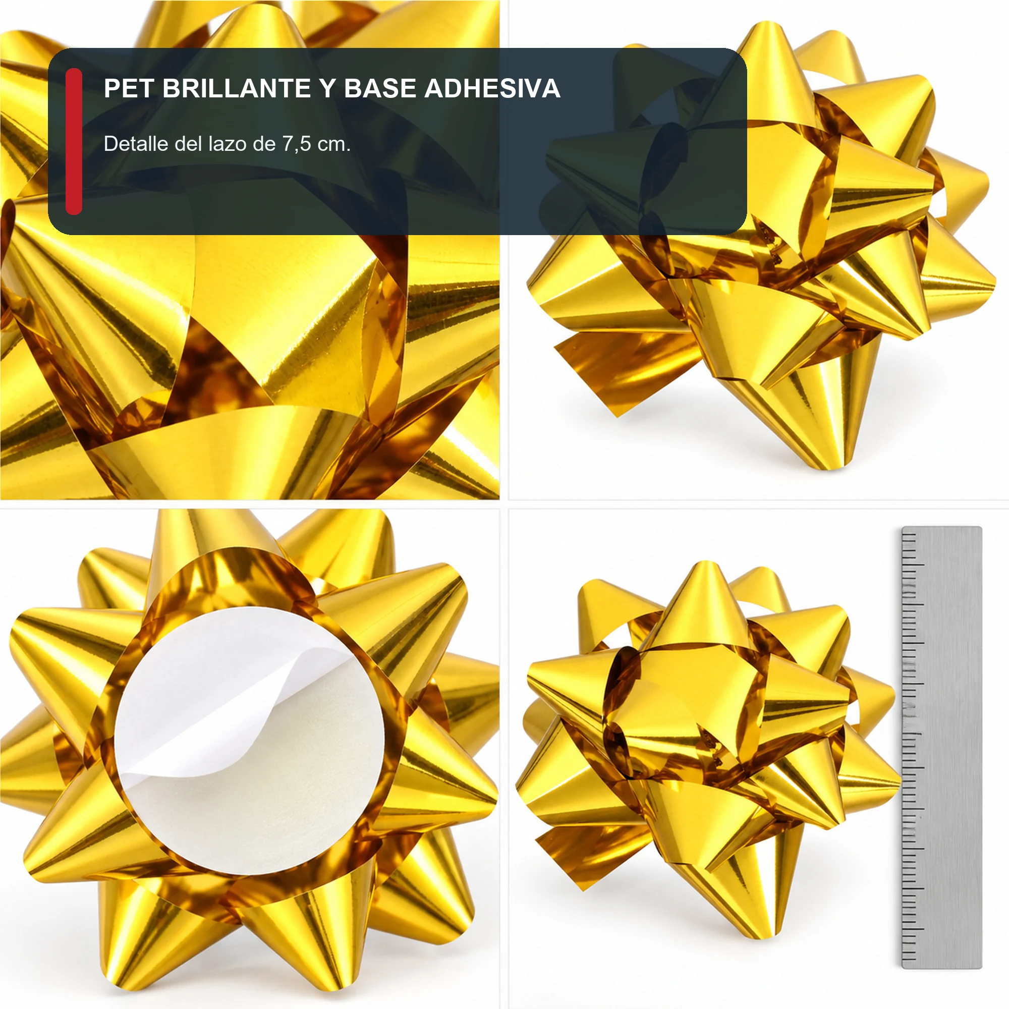 Lazos Estrella Metálicos Adhesivos, 7,5 cm (3,0 in) de diámetro aprox., 4 Unidades, Colores Surtidos