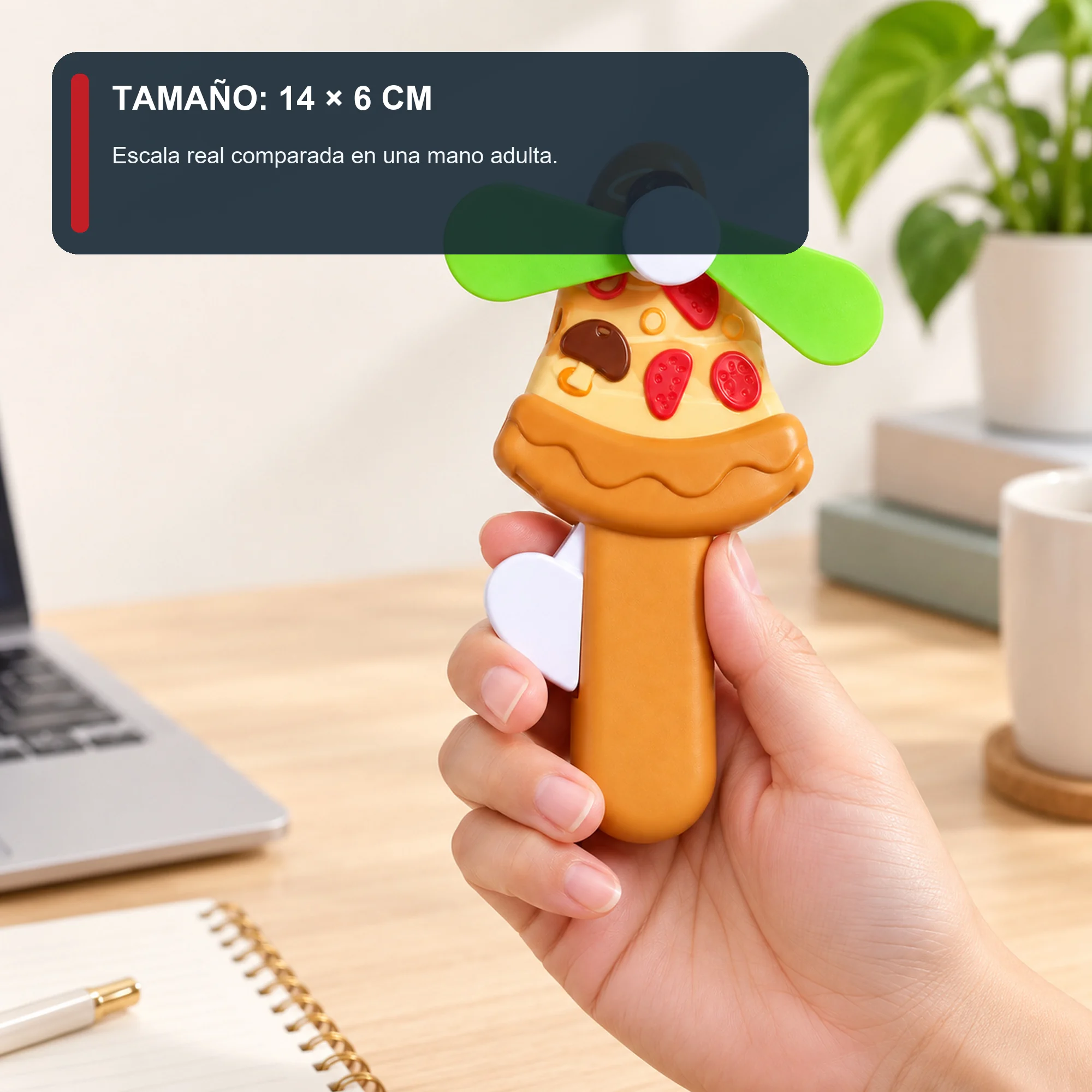 Mini Ventilador Manual Pizza, 14 × 6 cm, Color Surtido
